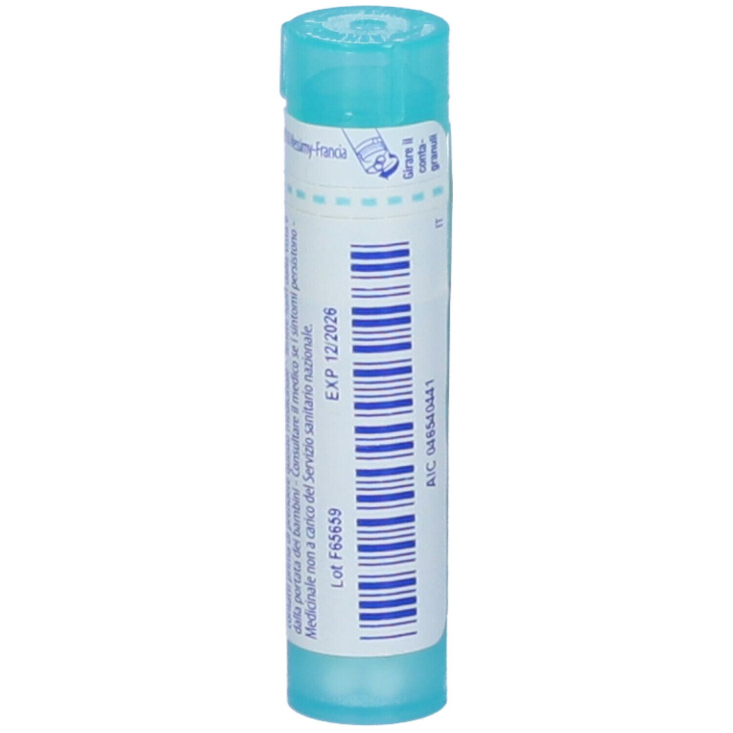 Confezione cilindrica blu. Scritta: Kalium bichromicum 6 ch. Contiene granuli. Scadenza 12/2026.