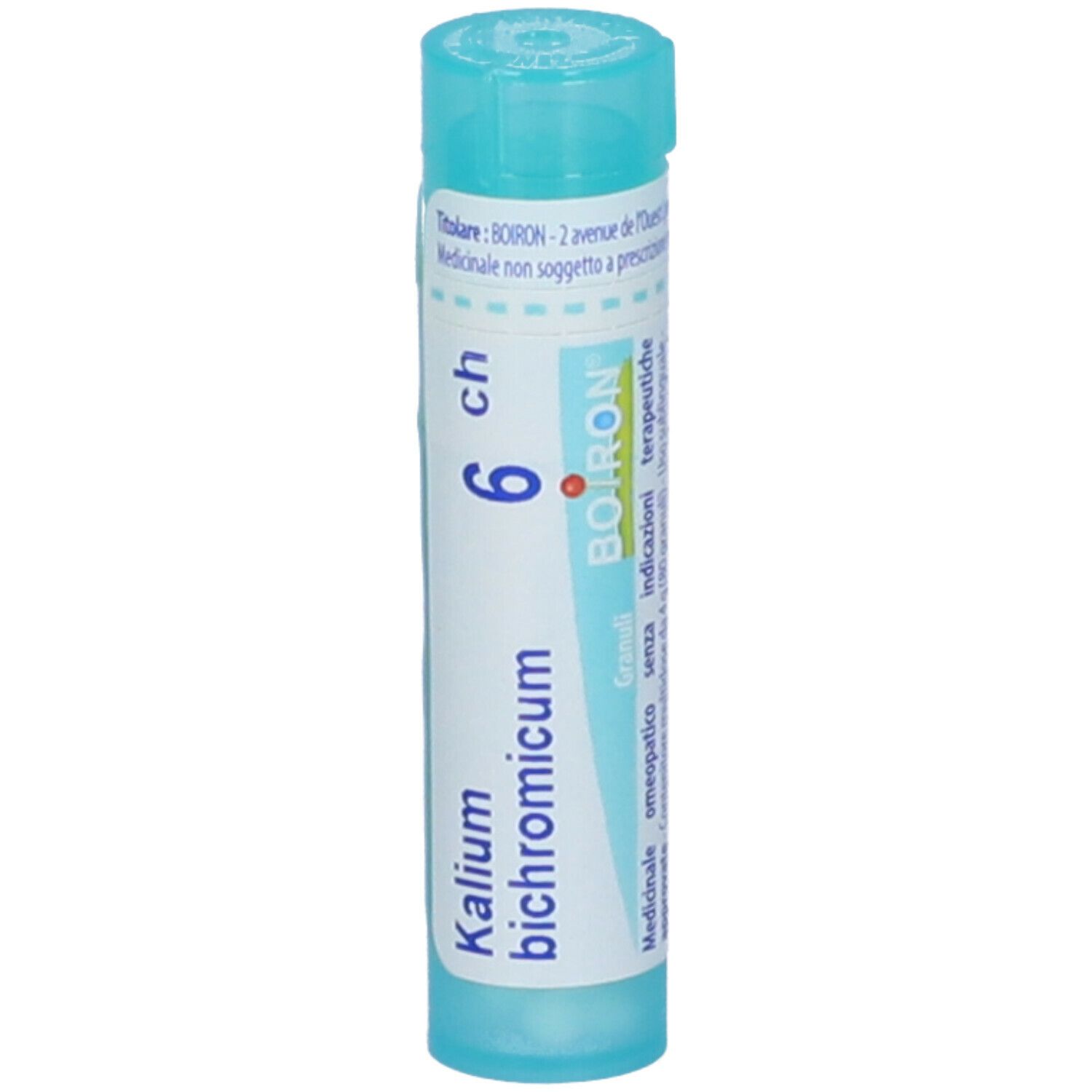 Confezione cilindrica blu. Scritta: Kalium bichromicum 6 ch, BOIRON. Contiene granuli. Tappo blu.