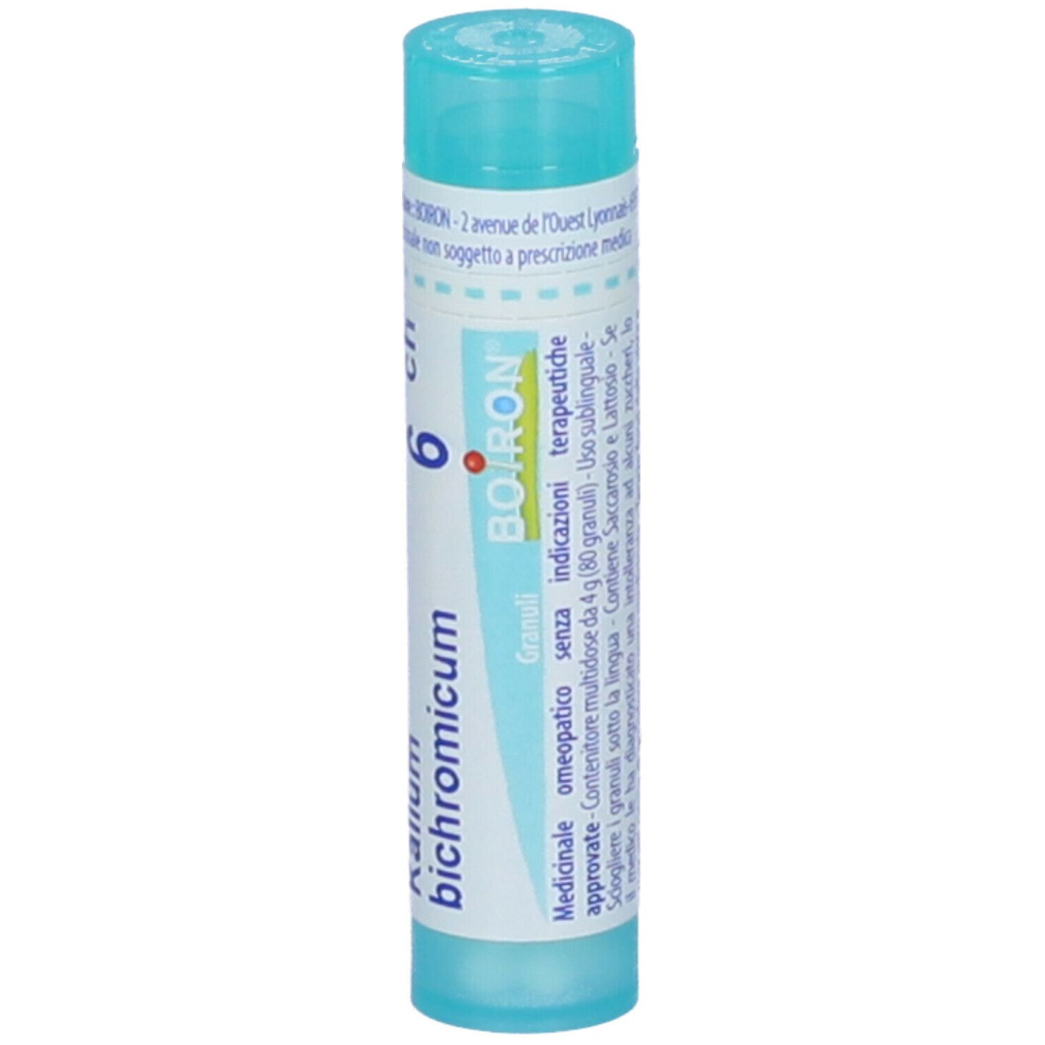 Confezione cilindrica blu. Scritta: Kalium bichromicum 6 ch, BOIRON. Contiene granuli. Informazioni.