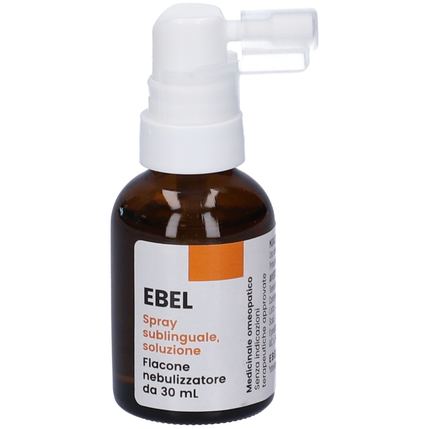 Flacone di vetro marrone con nebulizzatore bianco. Etichetta con testo: Ebel Spray sublinguale, soluzione. Flacone da 30 ml.