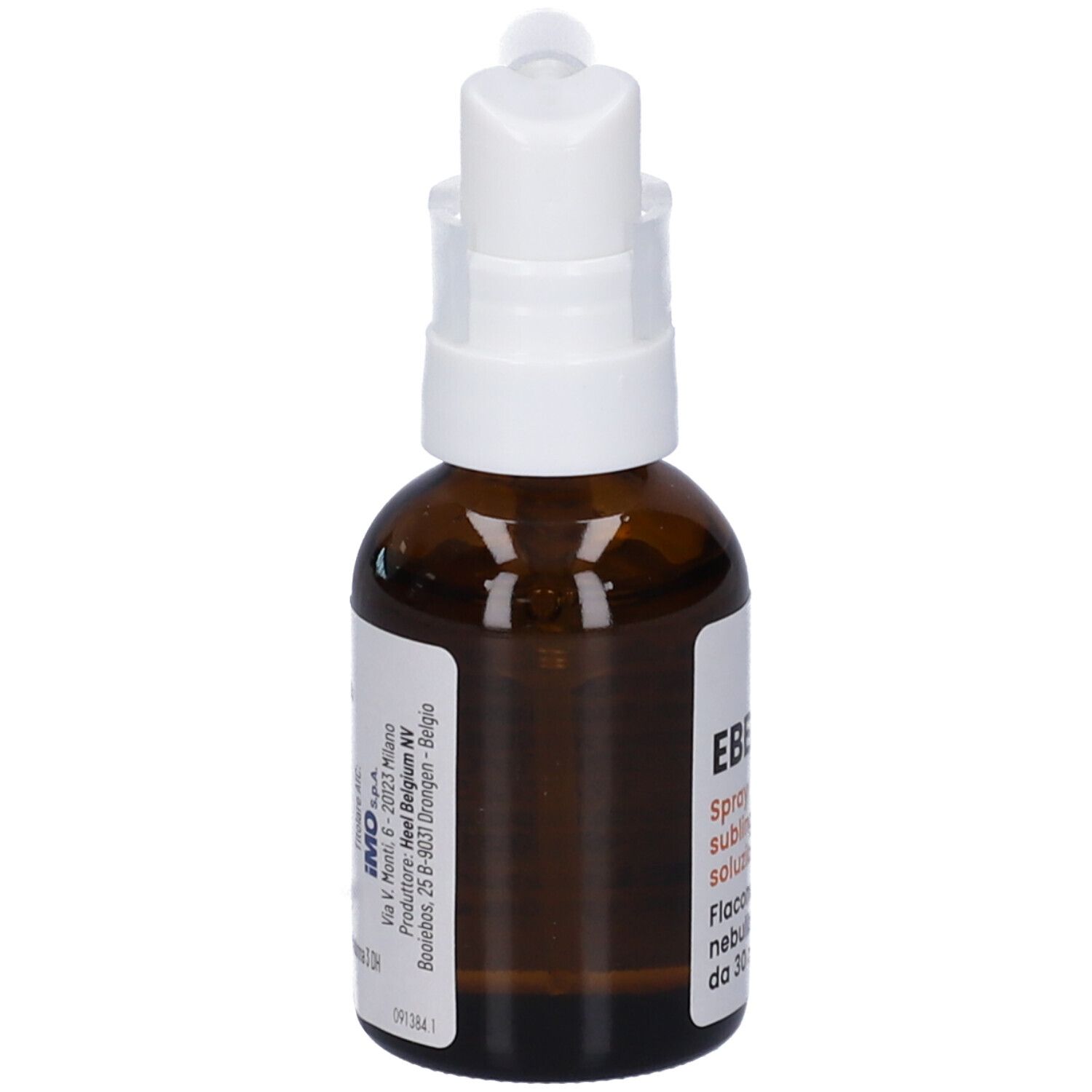 Flacone di vetro marrone con nebulizzatore bianco. Etichetta con testo. Nome prodotto: Ebel Spray sublinguale. Flacone da 30 ml.