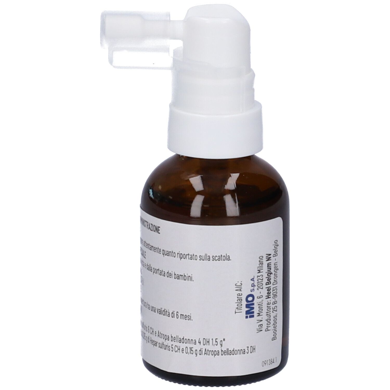 Flacone di vetro marrone con nebulizzatore bianco. Etichetta con testo. Nome prodotto: Ebel Spray sublinguale. Flacone da 30 ml.