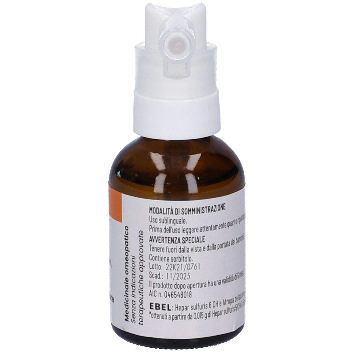 Flacone di vetro marrone con nebulizzatore bianco. Etichetta con testo. Nome prodotto: Ebel Spray sublinguale. Flacone da 30 ml.