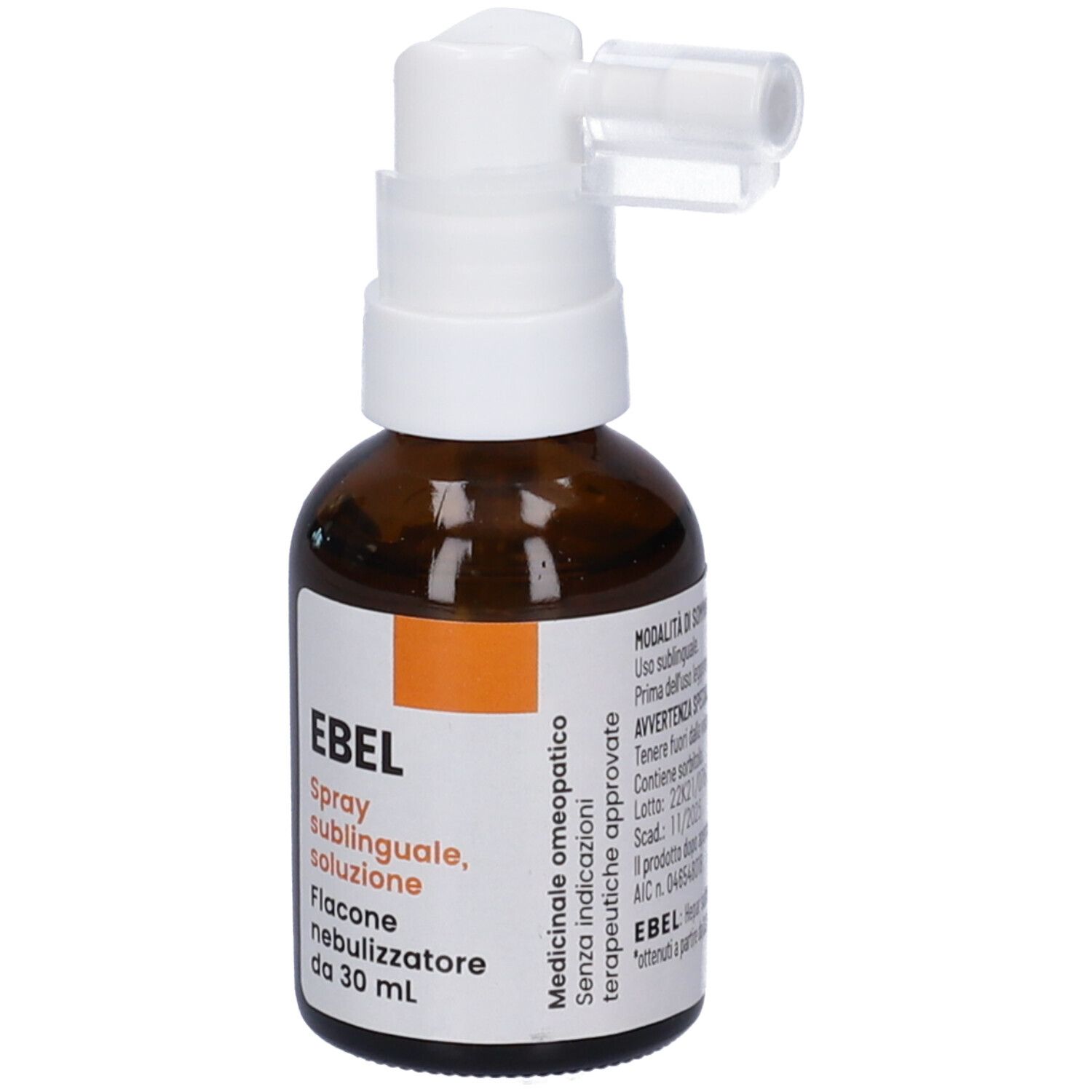 Flacone di vetro marrone con nebulizzatore bianco. Etichetta con testo: Ebel Spray sublinguale, soluzione. Flacone da 30 ml.