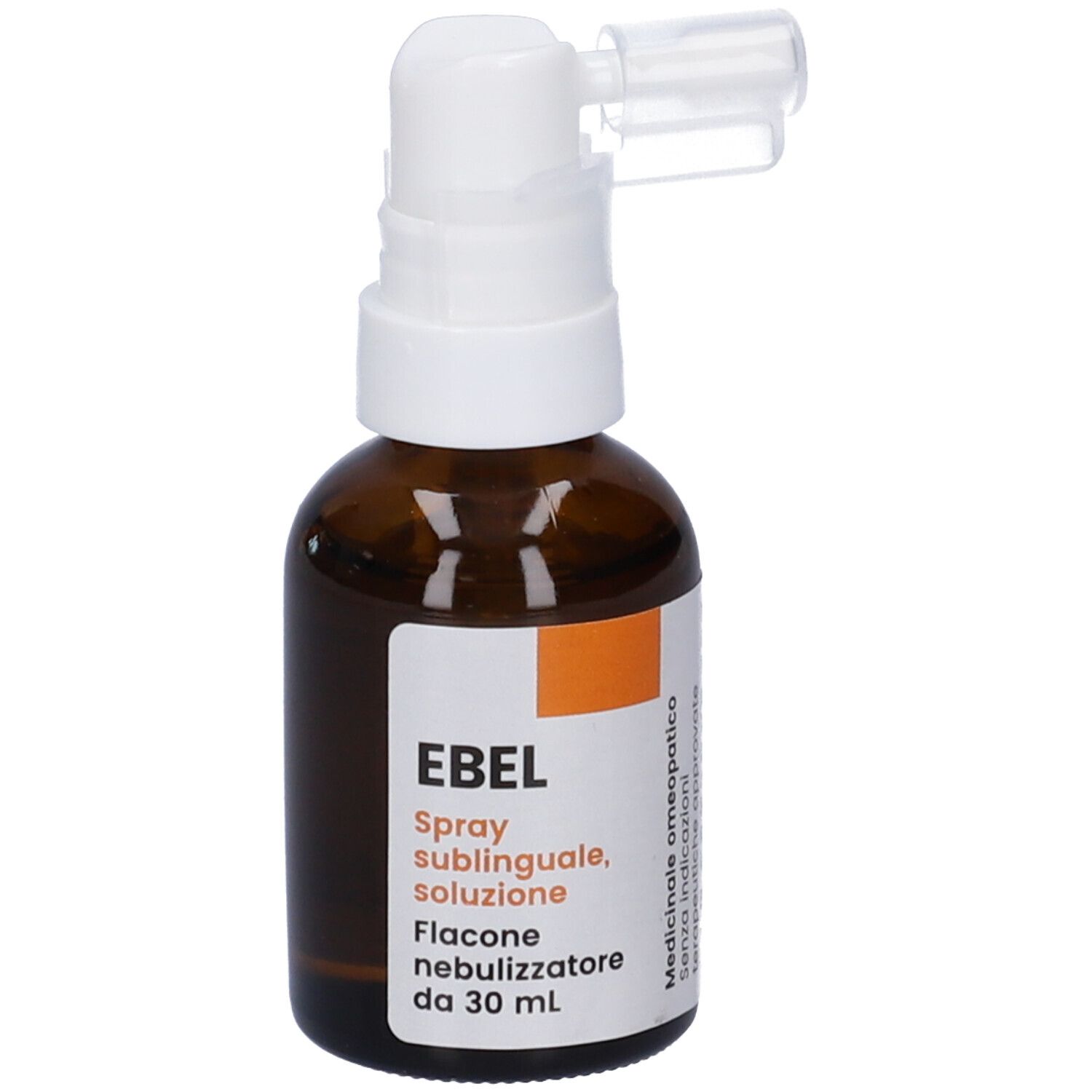 Flacone di vetro marrone con nebulizzatore bianco. Etichetta con testo: Ebel Spray sublinguale, soluzione. Flacone da 30 ml.