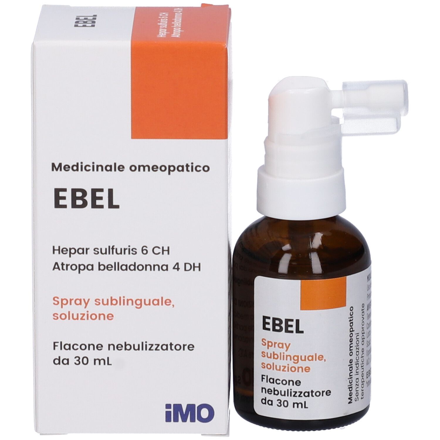 Confezione del prodotto con flacone e scatola. Sul flacone: Ebel Spray sublinguale. Sulla scatola: Ebel, 30 ml, medicinale omeopatico.