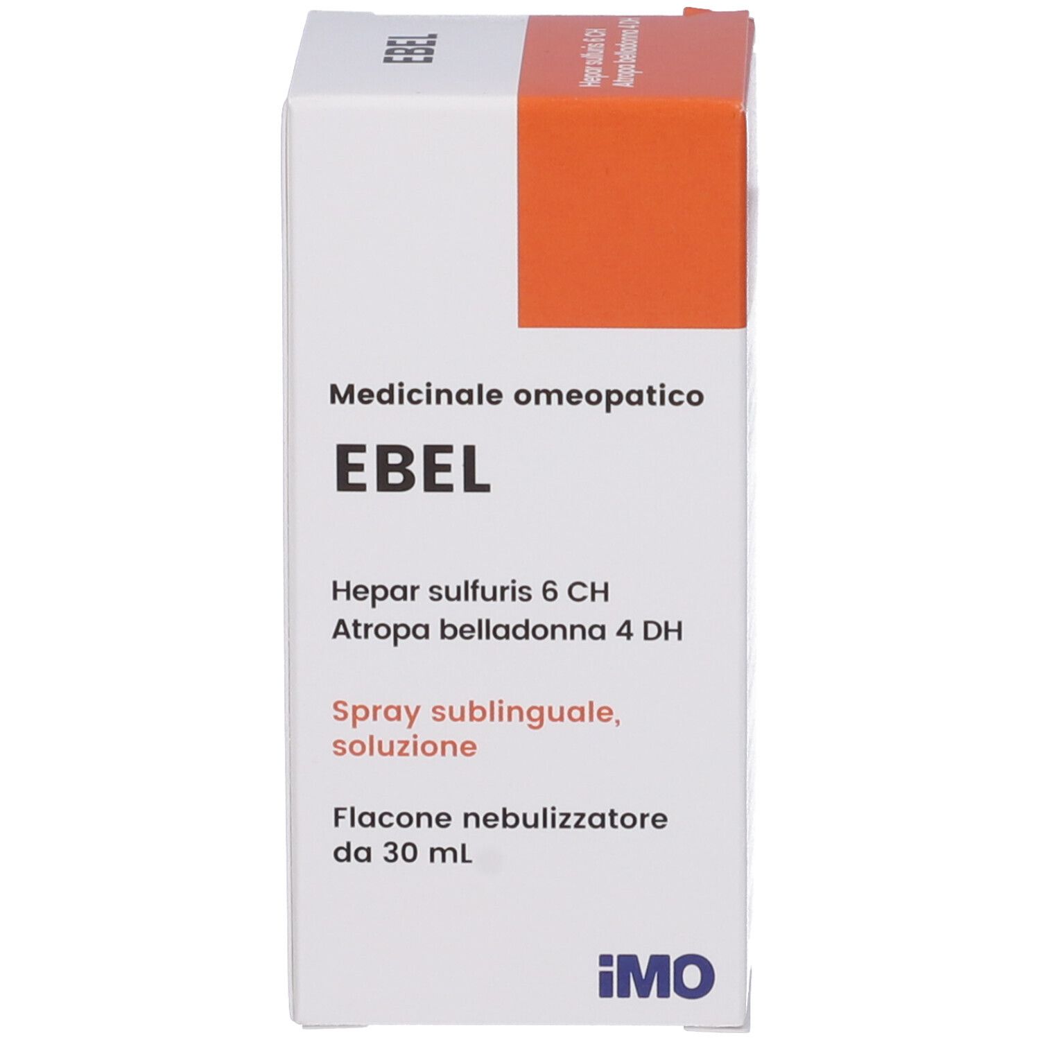 Confezione del prodotto, scatola. Sulla scatola: Ebel, 30 ml, medicinale omeopatico. Con logo IMO.