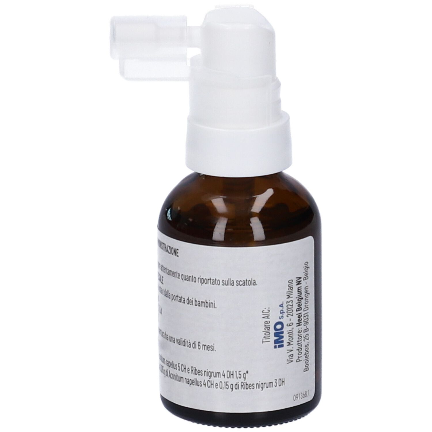 Flacone di vetro marrone con erogatore bianco. Etichetta con testo: Acorin Spray sublinguale, soluzione. Flacone nebulizzatore. Logo IMO. Testo.