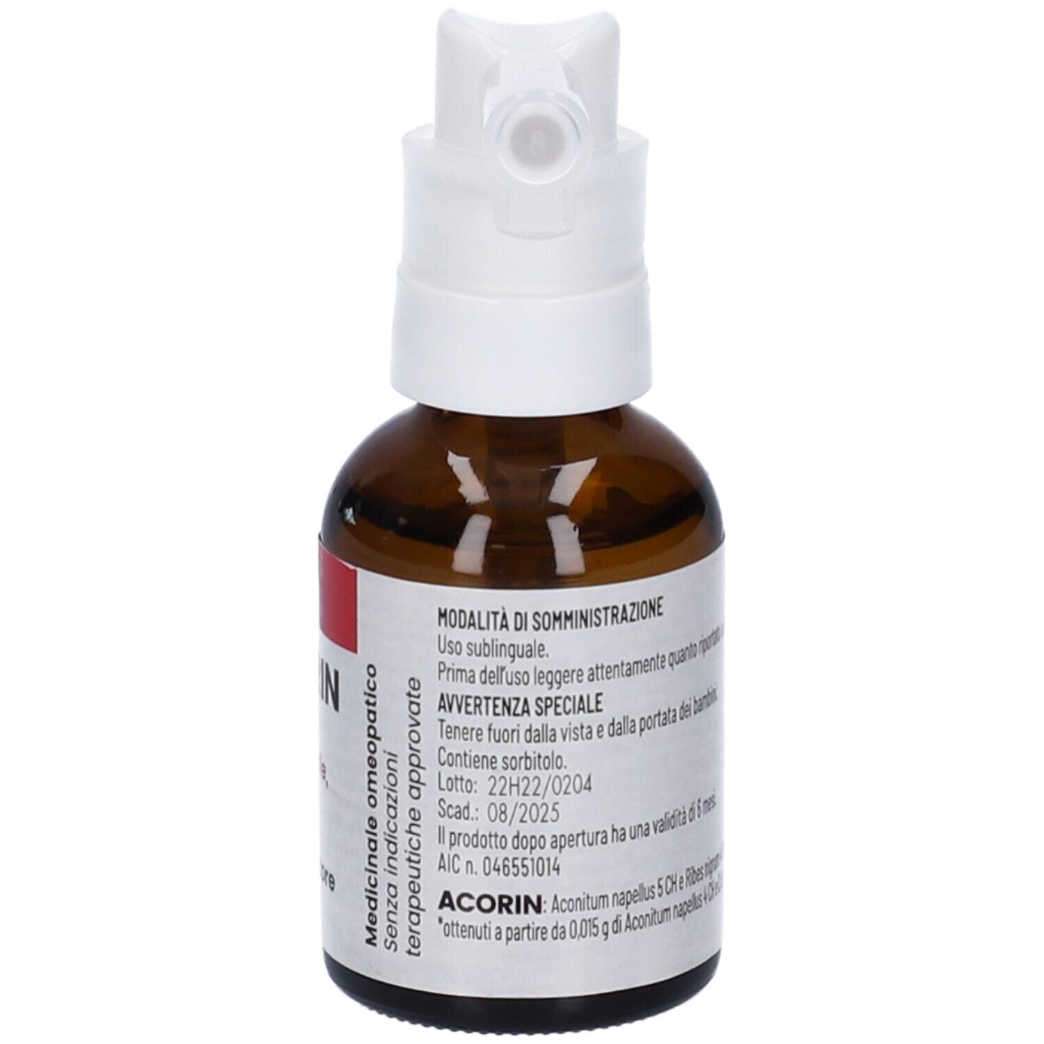 Flacone di vetro marrone con erogatore bianco. Etichetta con testo: Acorin Spray sublinguale, soluzione. Flacone nebulizzatore. Logo IMO. Testo.