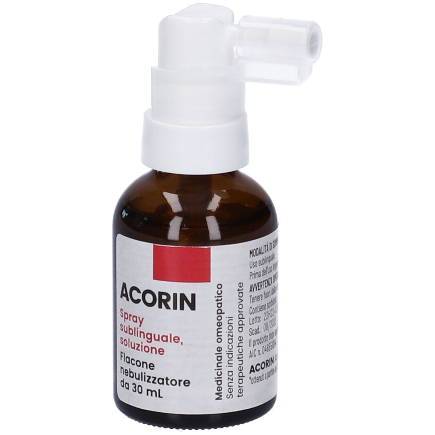 Flacone di vetro marrone con erogatore bianco. Etichetta con testo: Acorin Spray sublinguale, soluzione. Flacone nebulizzatore. Logo IMO. Testo.