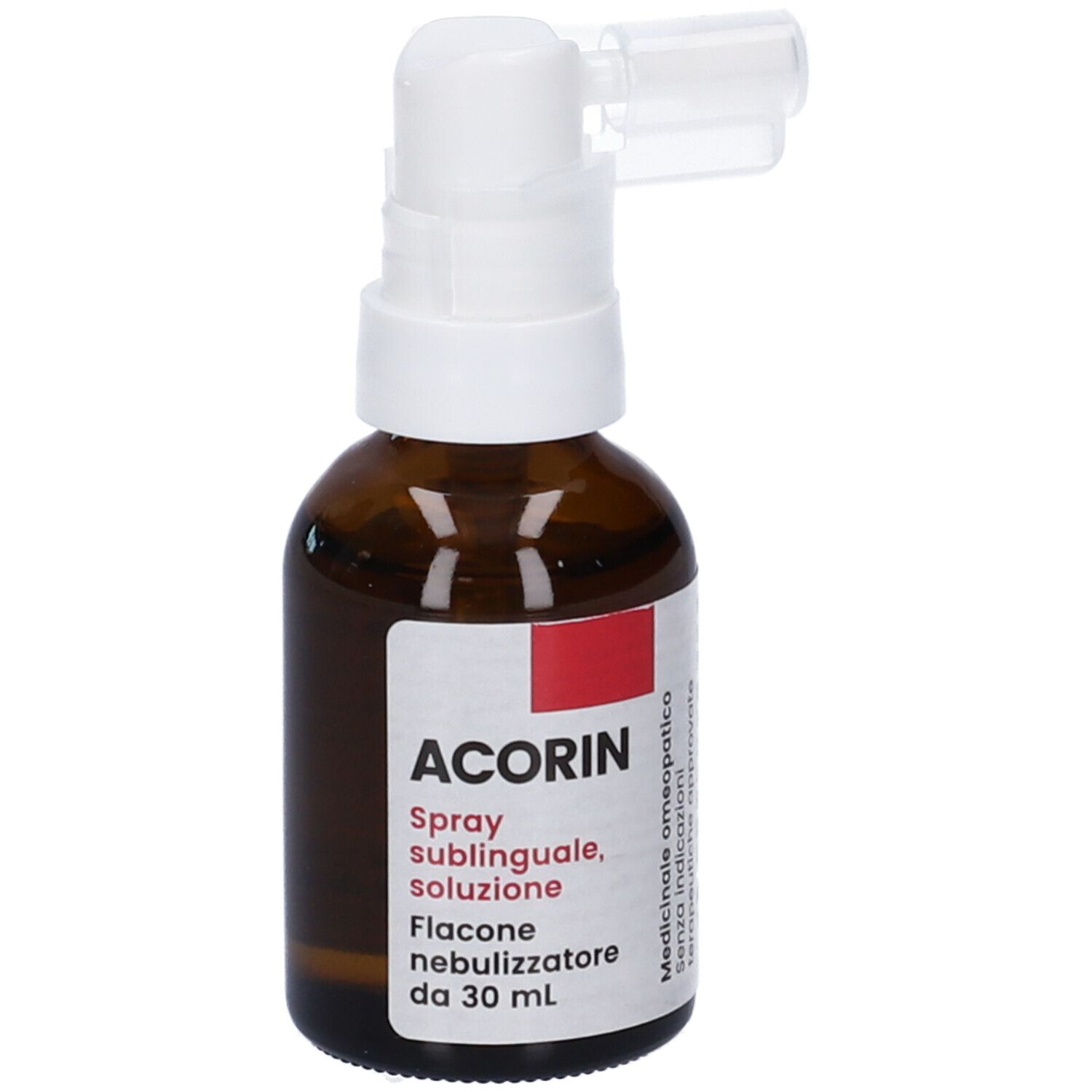 Flacone di vetro marrone con erogatore bianco. Etichetta con testo: Acorin Spray sublinguale, soluzione. Flacone nebulizzatore. Logo IMO. Testo.