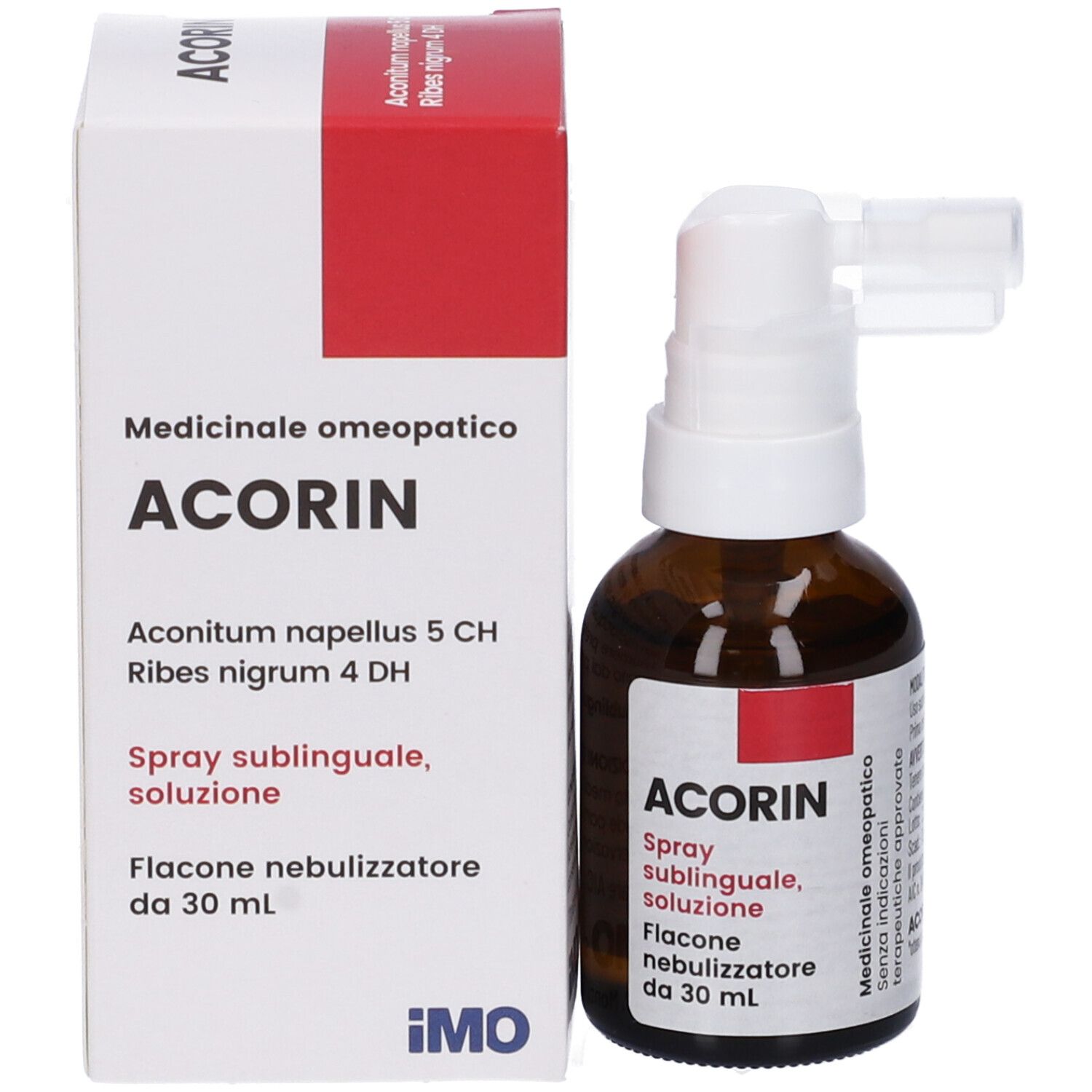Flacone e scatola Acorin Spray. Flacone: vetro marrone, erogatore bianco. Scatola: bianca, rossa, testo: Acorin, Spray sublinguale, soluzione.