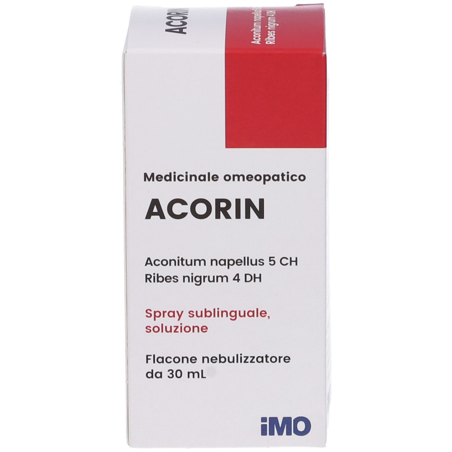 Scatola bianca con accento rosso. Testo: Acorin, Spray sublinguale, soluzione. Flacone nebulizzatore. Logo IMO. Indicazioni mediche.