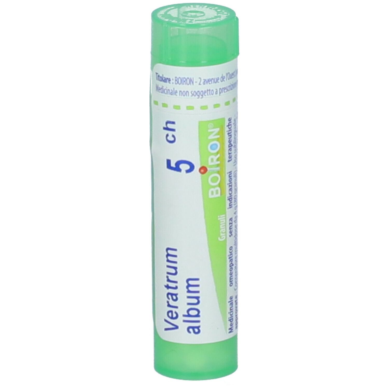 Tubo verde con etichetta bianca. Scritta: Veratrum album, 5 ch, BOIRON. Tappo verde.