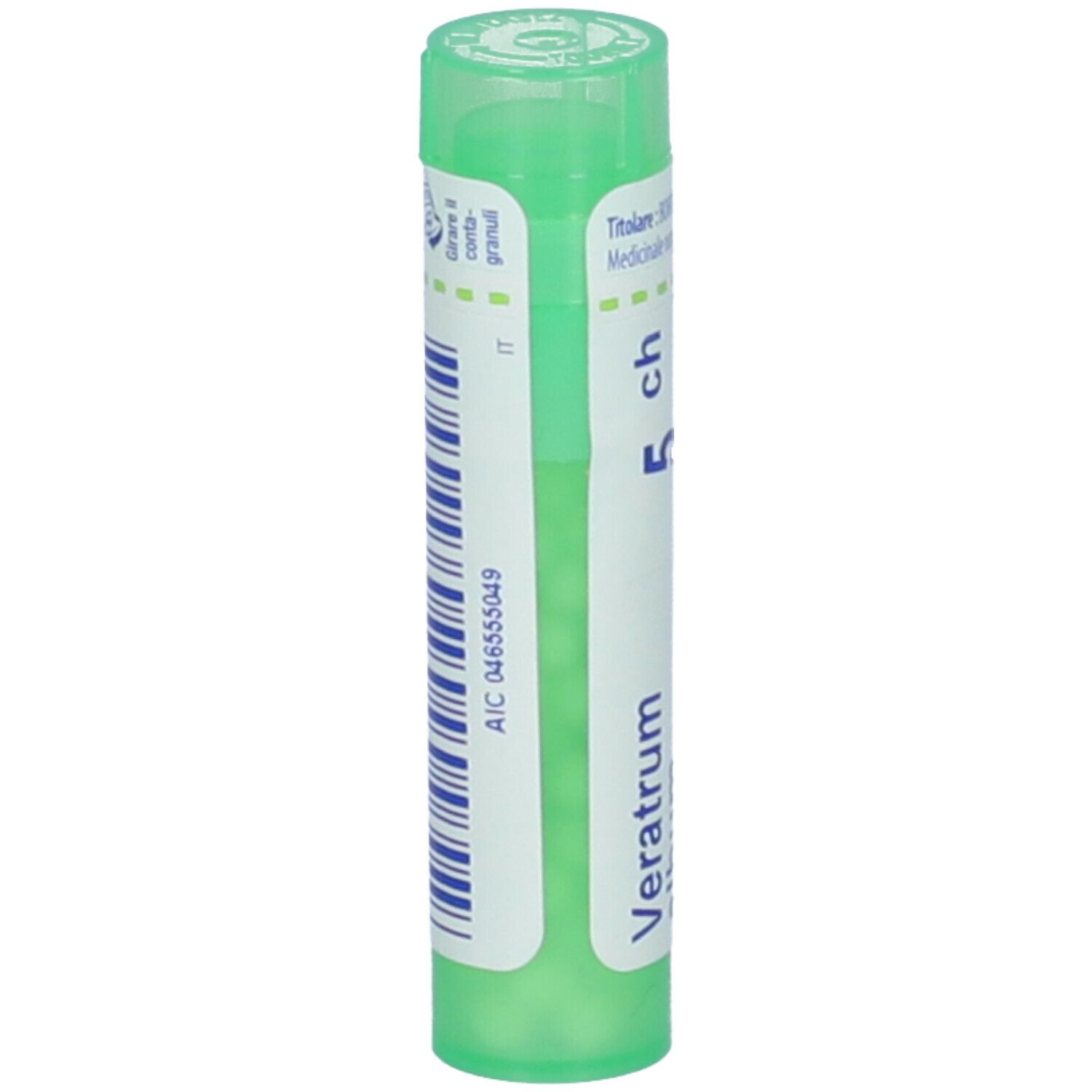 Tubo verde con etichetta bianca e codice a barre. Scritta: Veratrum, 5 ch. Tappo verde.
