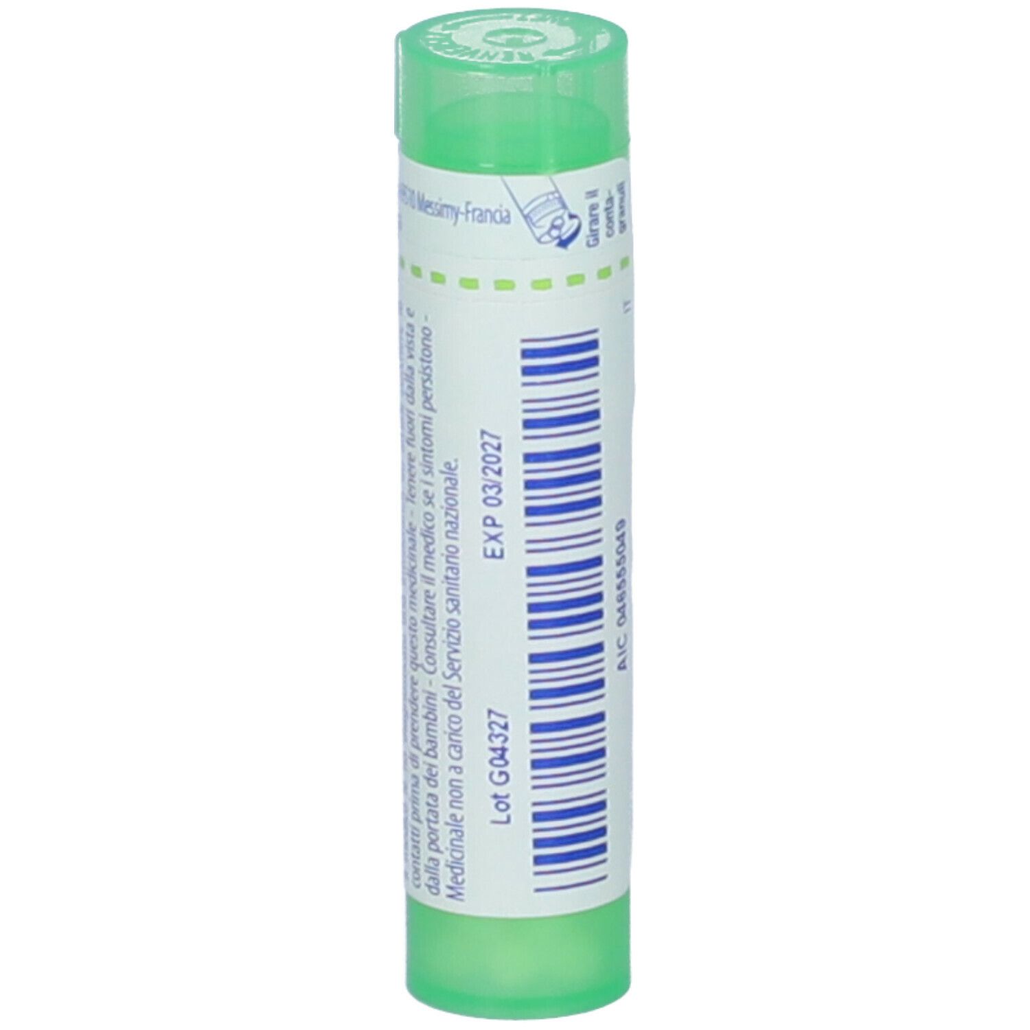 Tubo verde con etichetta bianca. Scritta: EXP 03/2027. Tappo verde.