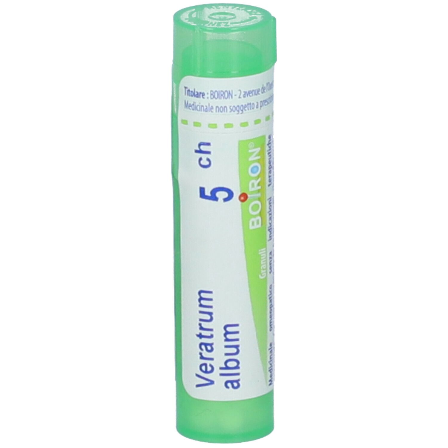 Tubo verde con etichetta bianca. Scritta: Veratrum album, 5 ch, BOIRON. Tappo verde.