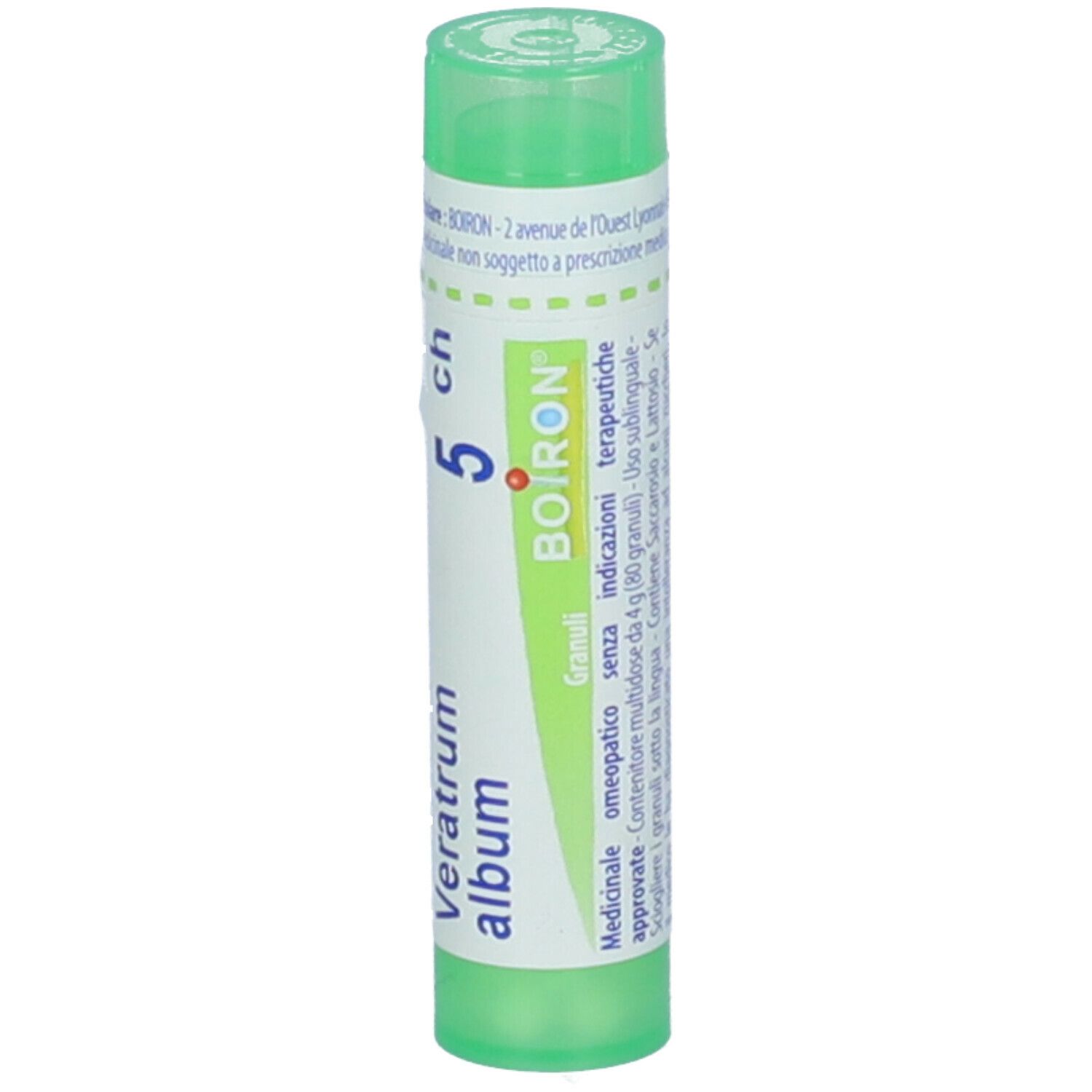 Tubo verde con etichetta bianca. Scritta: Veratrum album, 5 ch, BOIRON. Tappo verde.