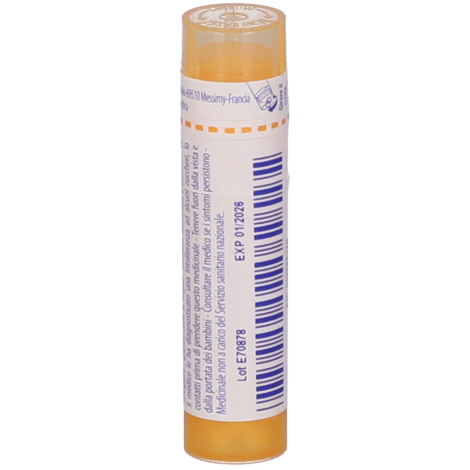 Confezione cilindrica con tappo giallo. Etichetta con testo e data di scadenza. Scritta: EXP 01 2026.