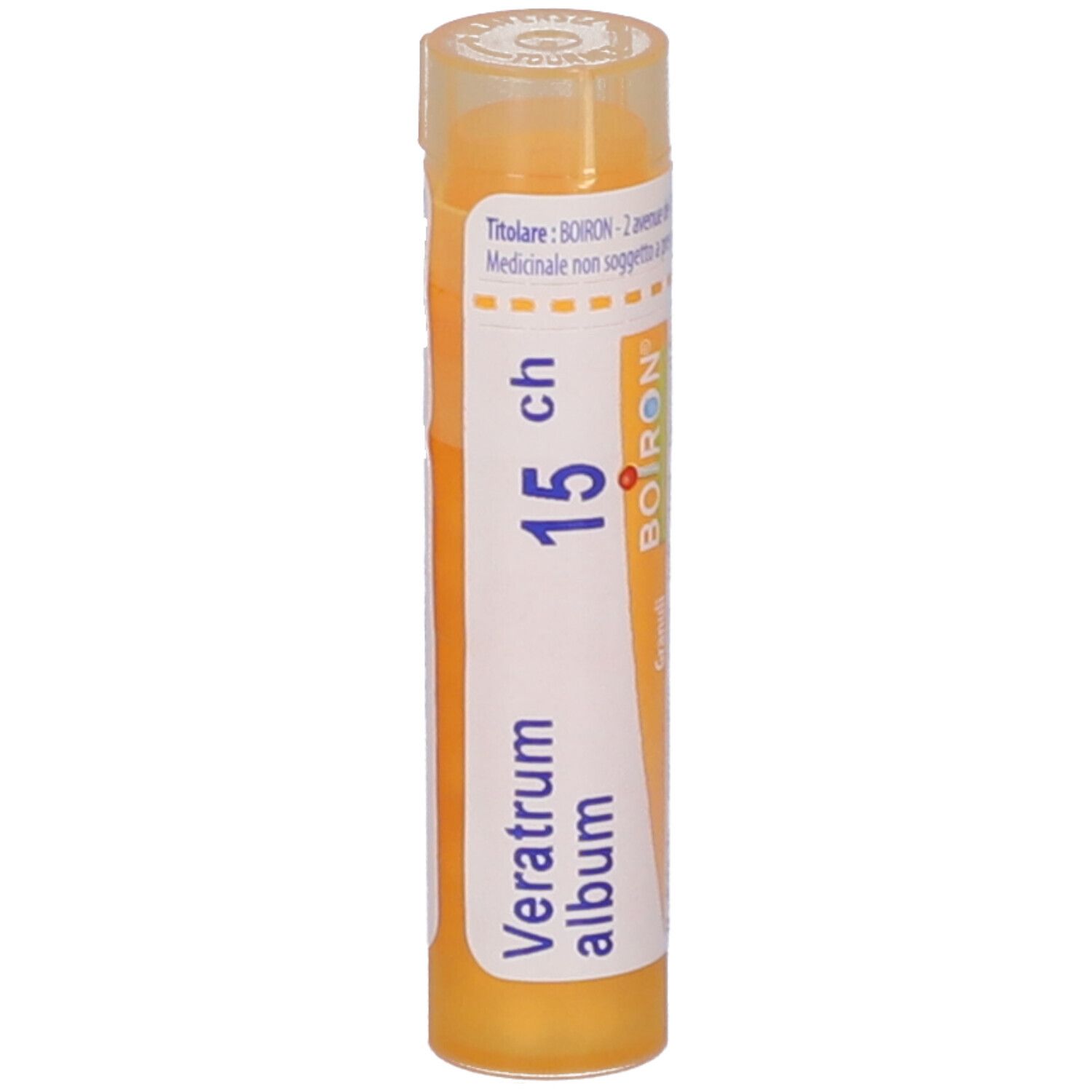 Confezione cilindrica, tappo giallo. Scritte: Veratrum album, 15 ch, BOIRON. Etichetta con testo.