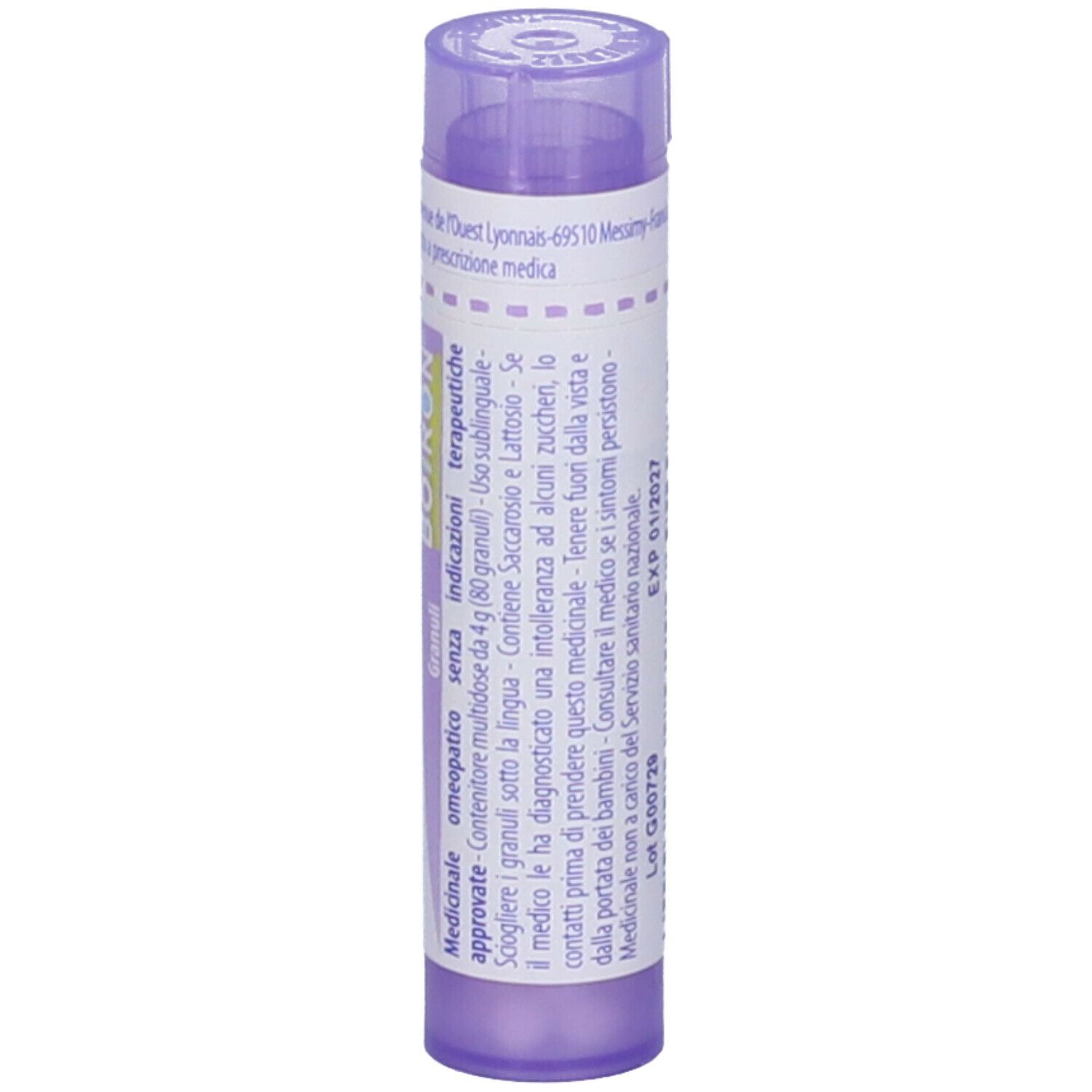 Flacone cilindrico viola con etichetta bianca. Scritte: Veratrum album, 30 ch. Testo e data di scadenza.