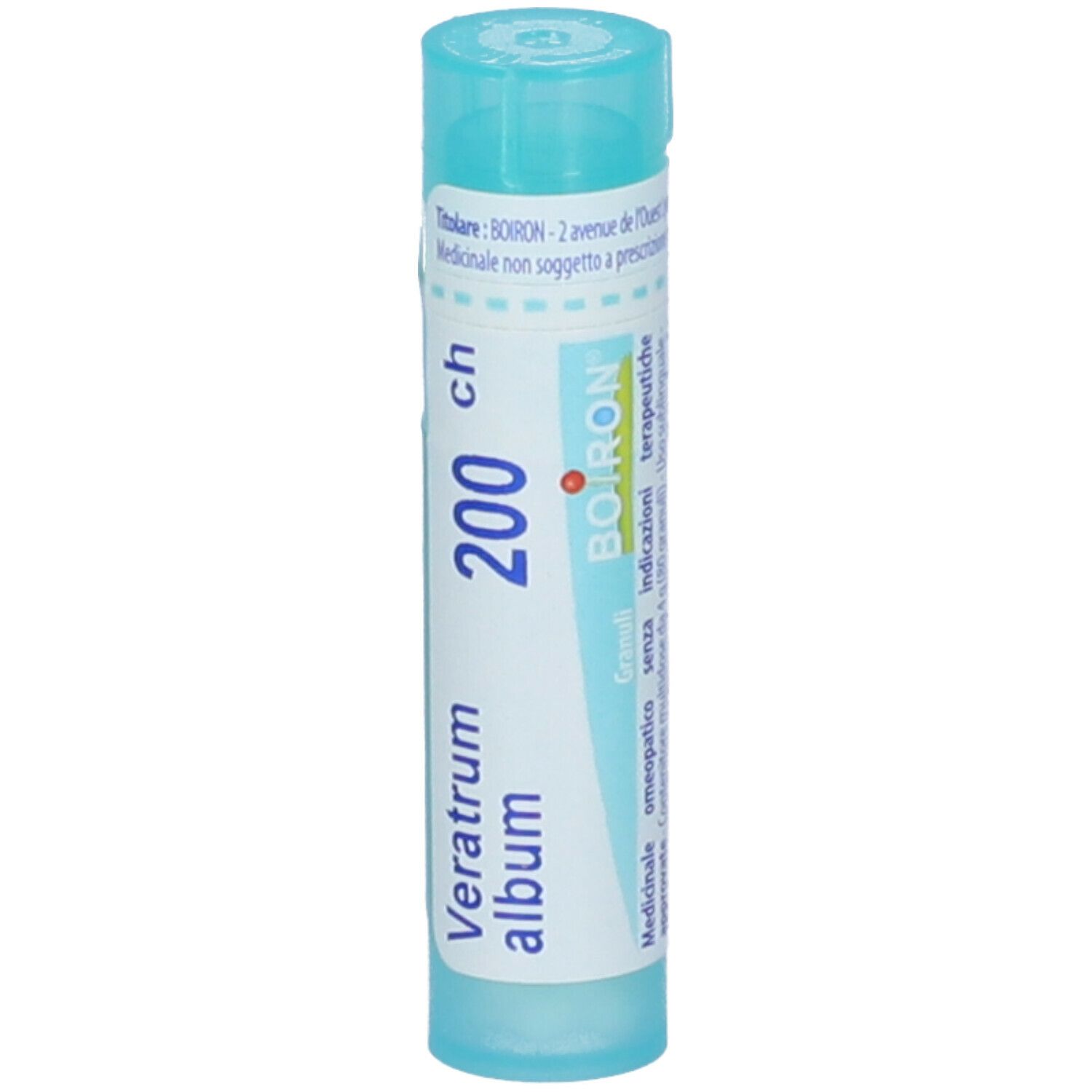 Confezione cilindrica blu. Scritta: Veratrum album, 200 ch, BOIRON. Granuli. Con tappo blu.