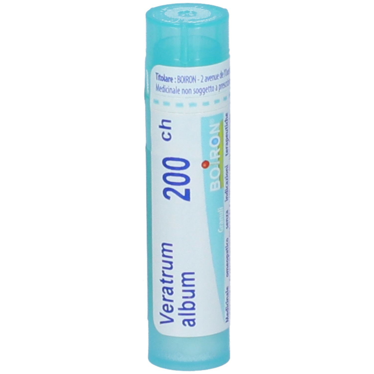 Confezione cilindrica blu. Scritta: Veratrum album, 200 ch, BOIRON. Granuli. Con tappo blu.