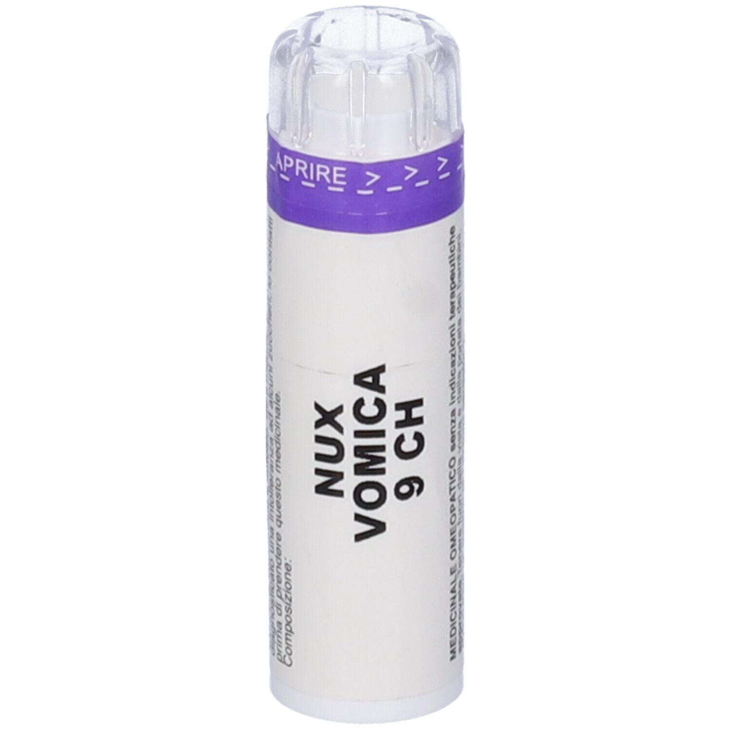 Confezione cilindrica con coperchio trasparente. Scritta: Nux Vomica 9 CH. Fascia viola con simboli a freccia.