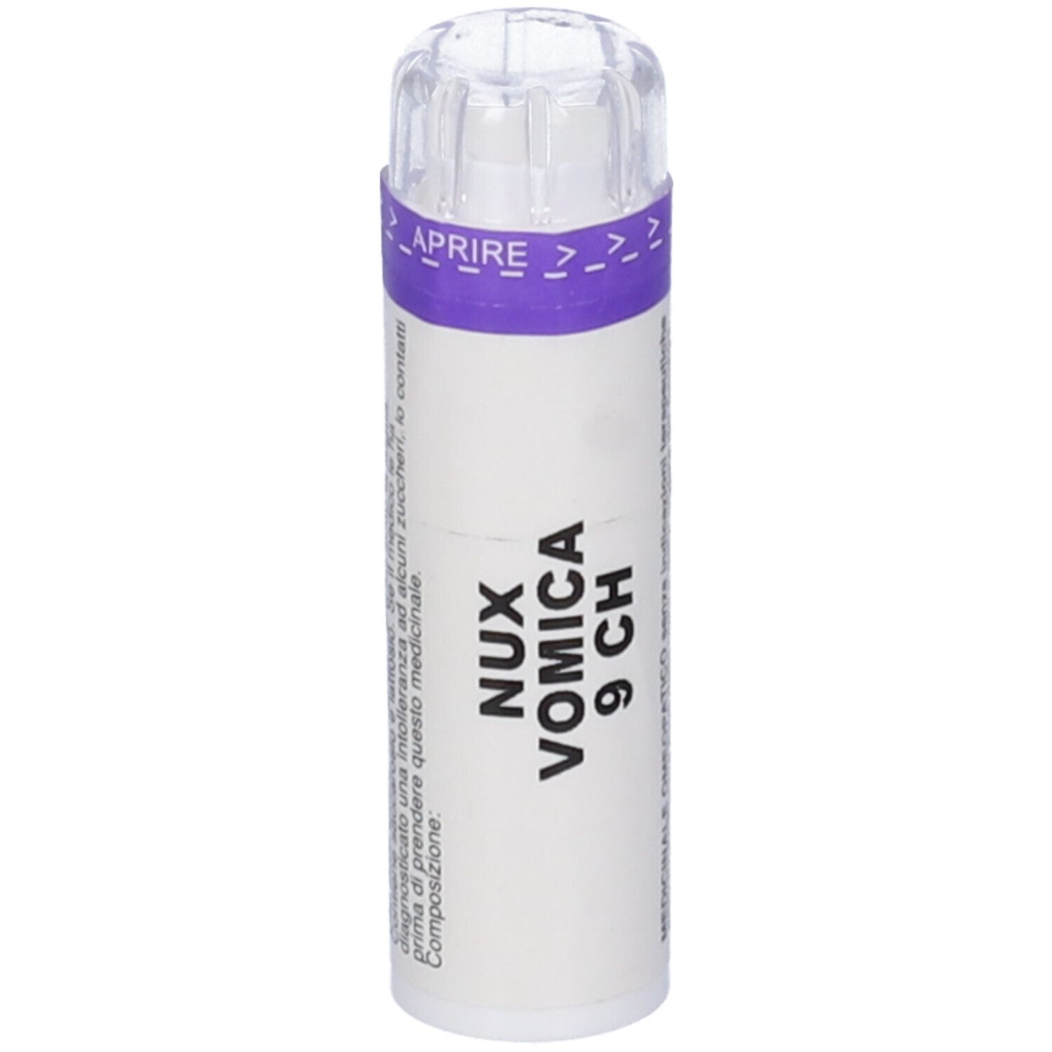 Confezione cilindrica con coperchio trasparente. Scritta: Nux Vomica 9 CH. Fascia viola con simboli a freccia.