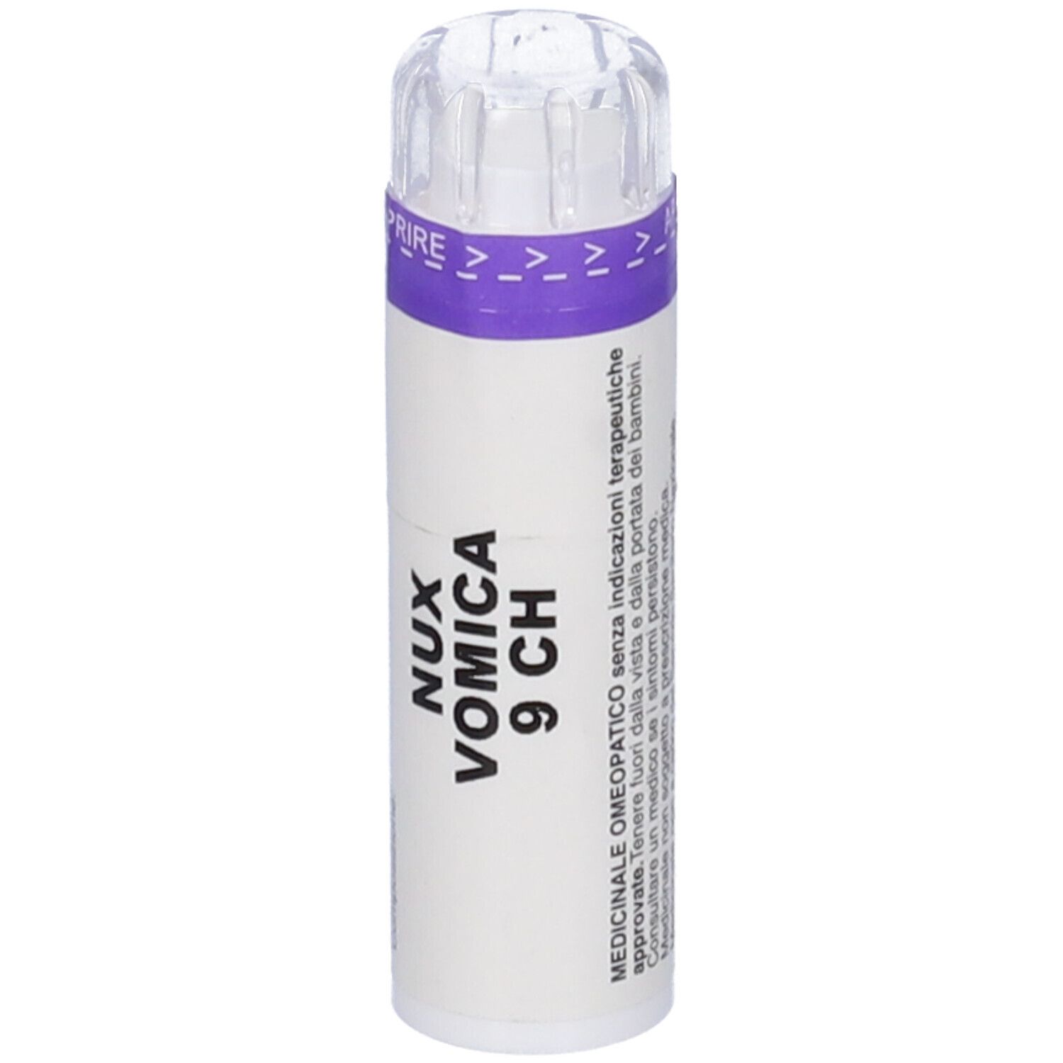 Confezione cilindrica con coperchio trasparente. Scritta: Nux Vomica 9 CH. Testo sulla medicina omeopatica. Fascia viola.