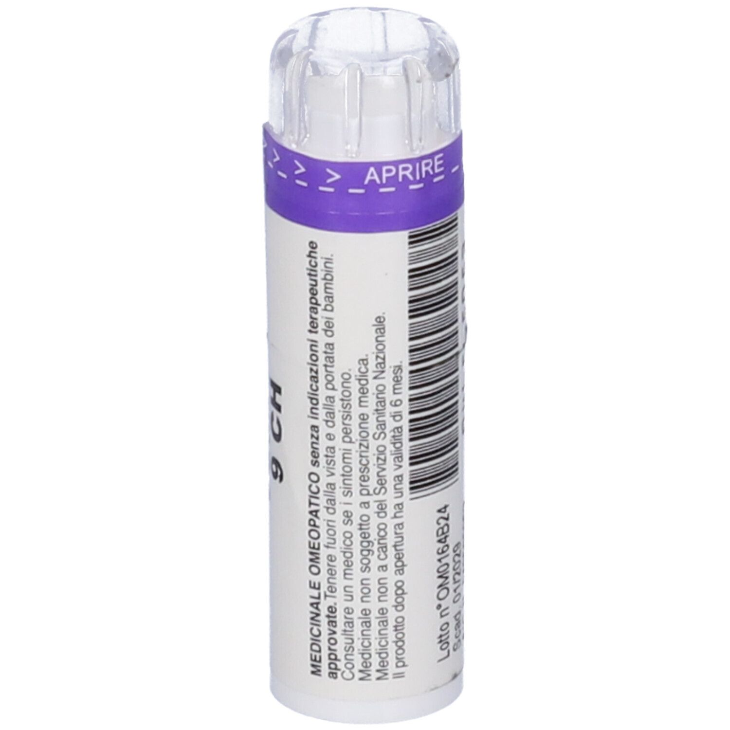 Confezione cilindrica con coperchio trasparente. Scritta: Nux Vomica 9 CH. Testo sulla medicina omeopatica. Fascia viola.