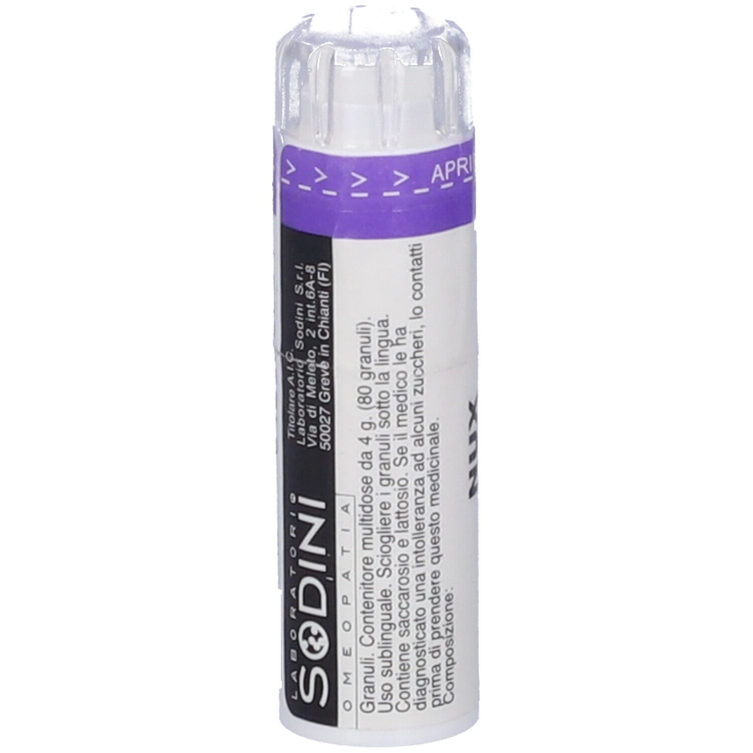 Flacone cilindrico bianco con fascia viola. Scritta: SODINI, Nux Vomica. Testo.