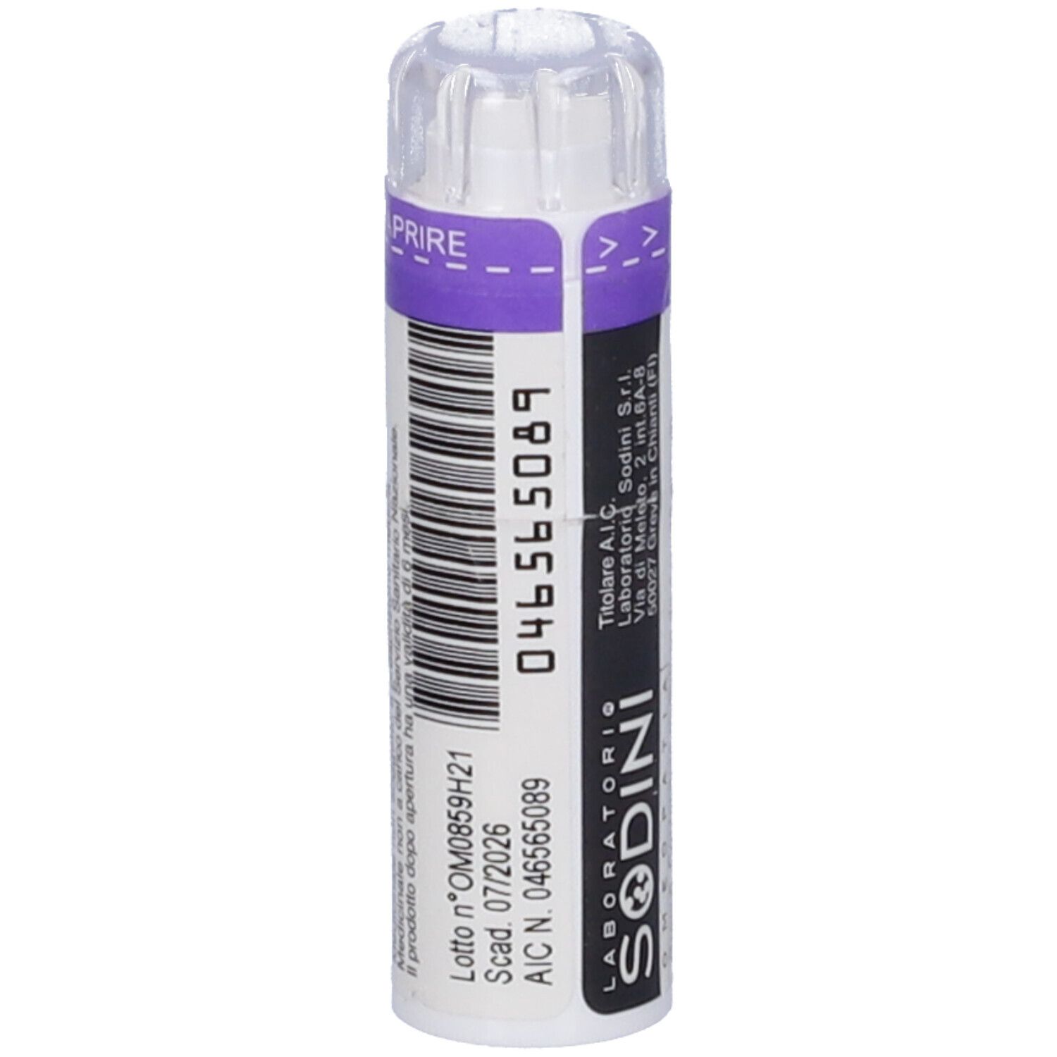 Flacone cilindrico bianco con fascia viola. Scritta: SODINI. Codice a barre e numero.