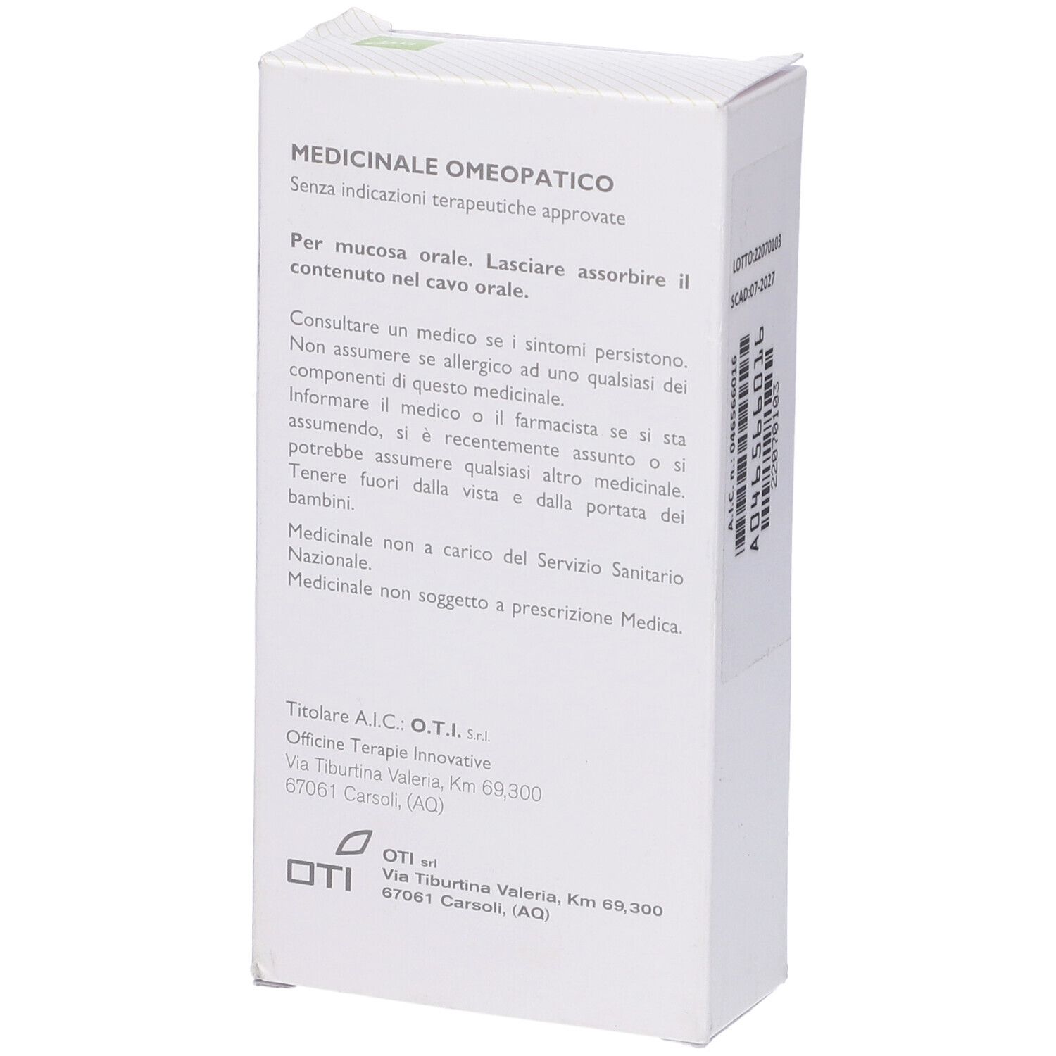 Scatola bianca, retro. Testo: Medicinale omeopatico. Informazioni produttore. Logo OTI.