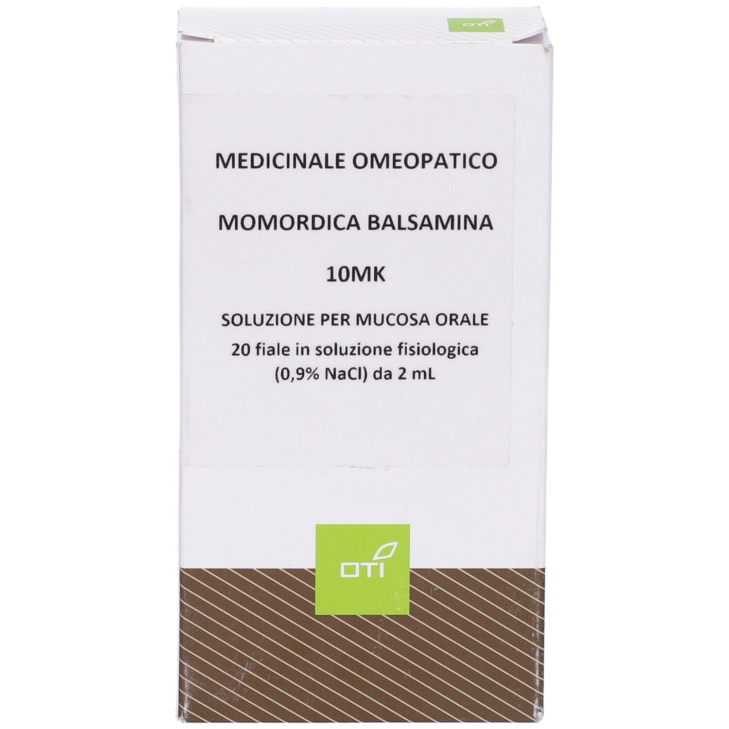 Scatola bianca con informazioni prodotto. Testo: Momordica Balsamina 10MK, 20 fiale, soluzione per mucosa orale. Logo OTI.