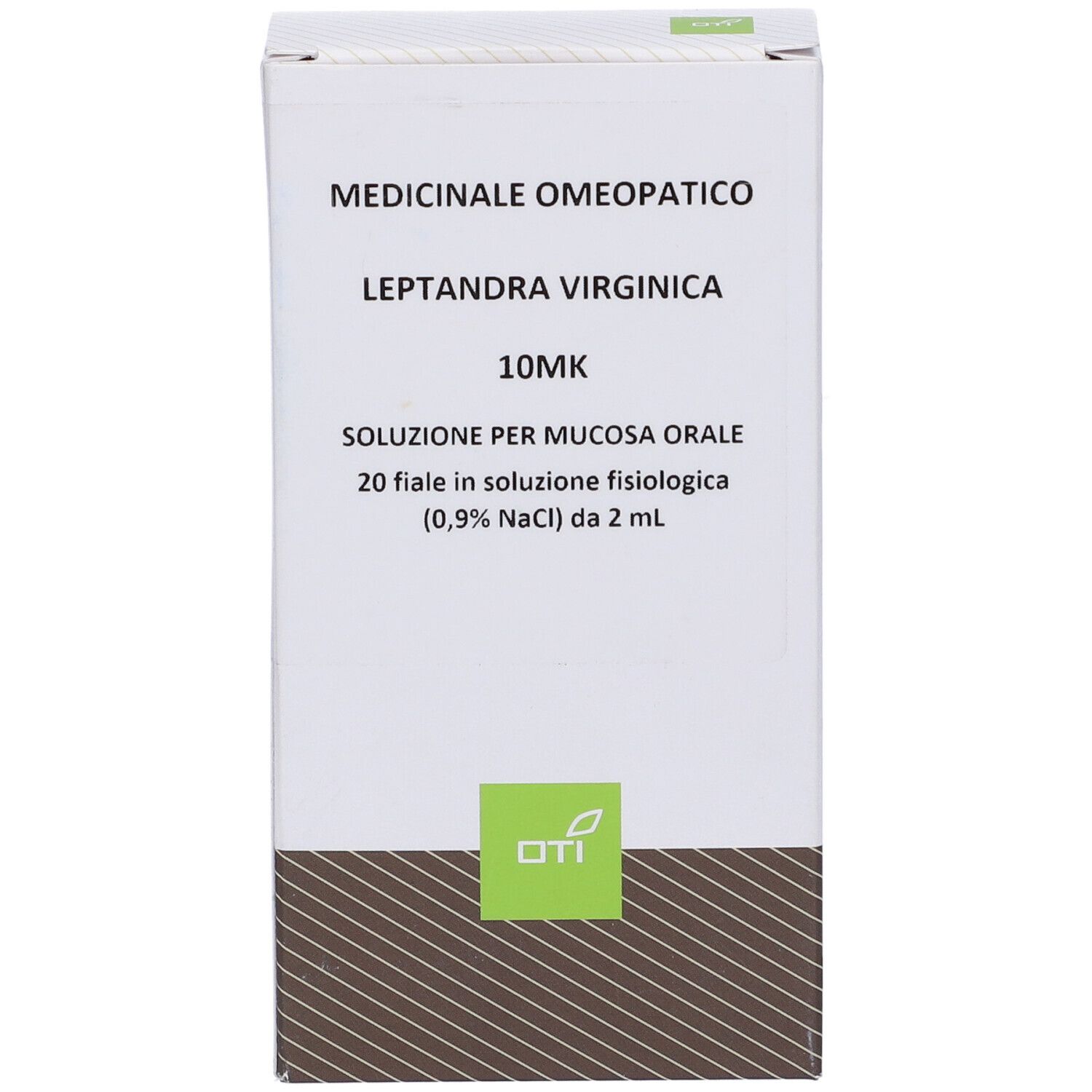 Confezione del prodotto con scritta: Leptandra Virginica 10MK, soluzione per mucosa orale. Logo OTI.