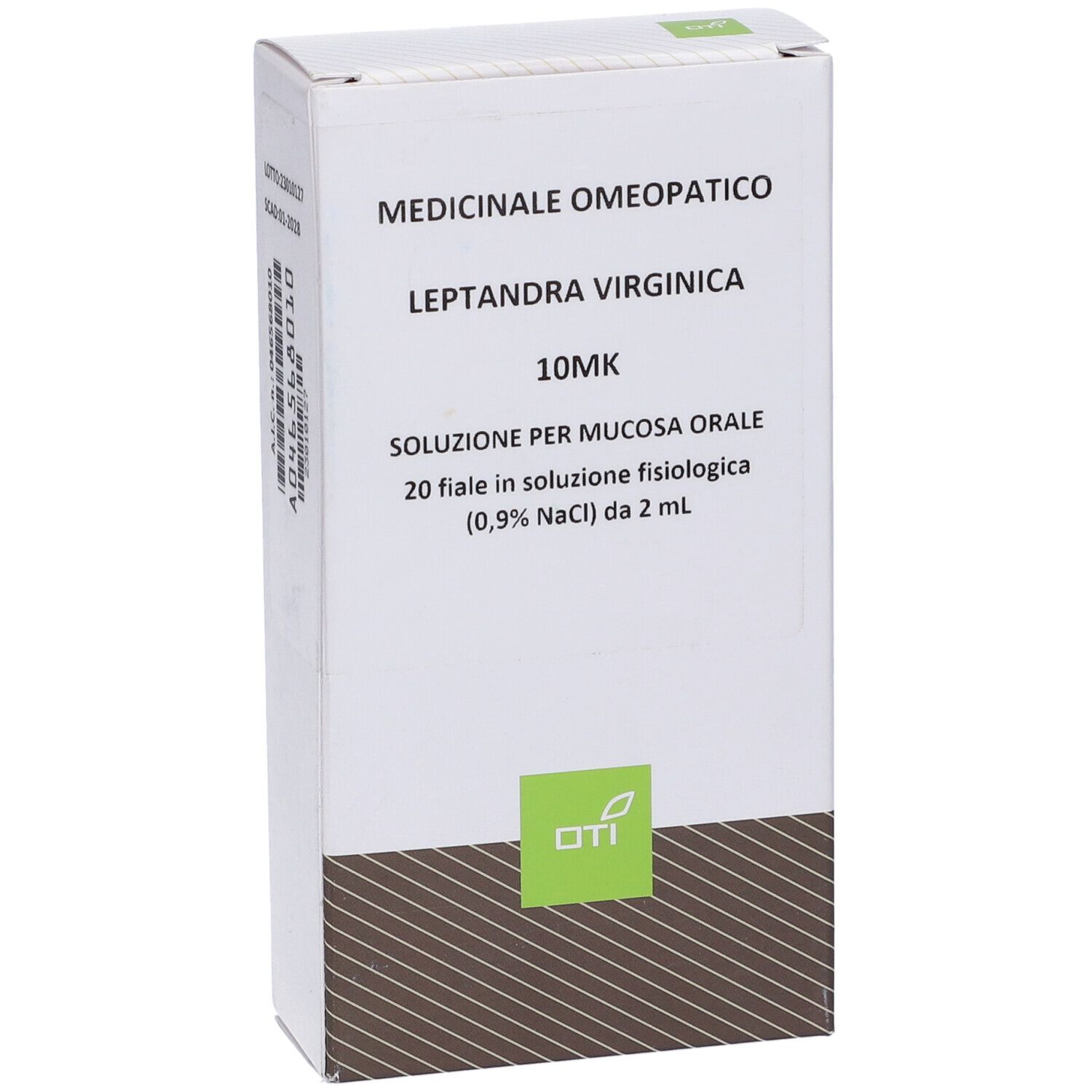 Confezione del prodotto con scritta: Leptandra Virginica 10MK, soluzione per mucosa orale. Logo OTI.