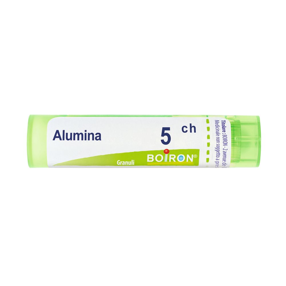 Flacone cilindrico verde con tappo. Scritta: Alumina, 5 ch, BOIRON. Granuli.