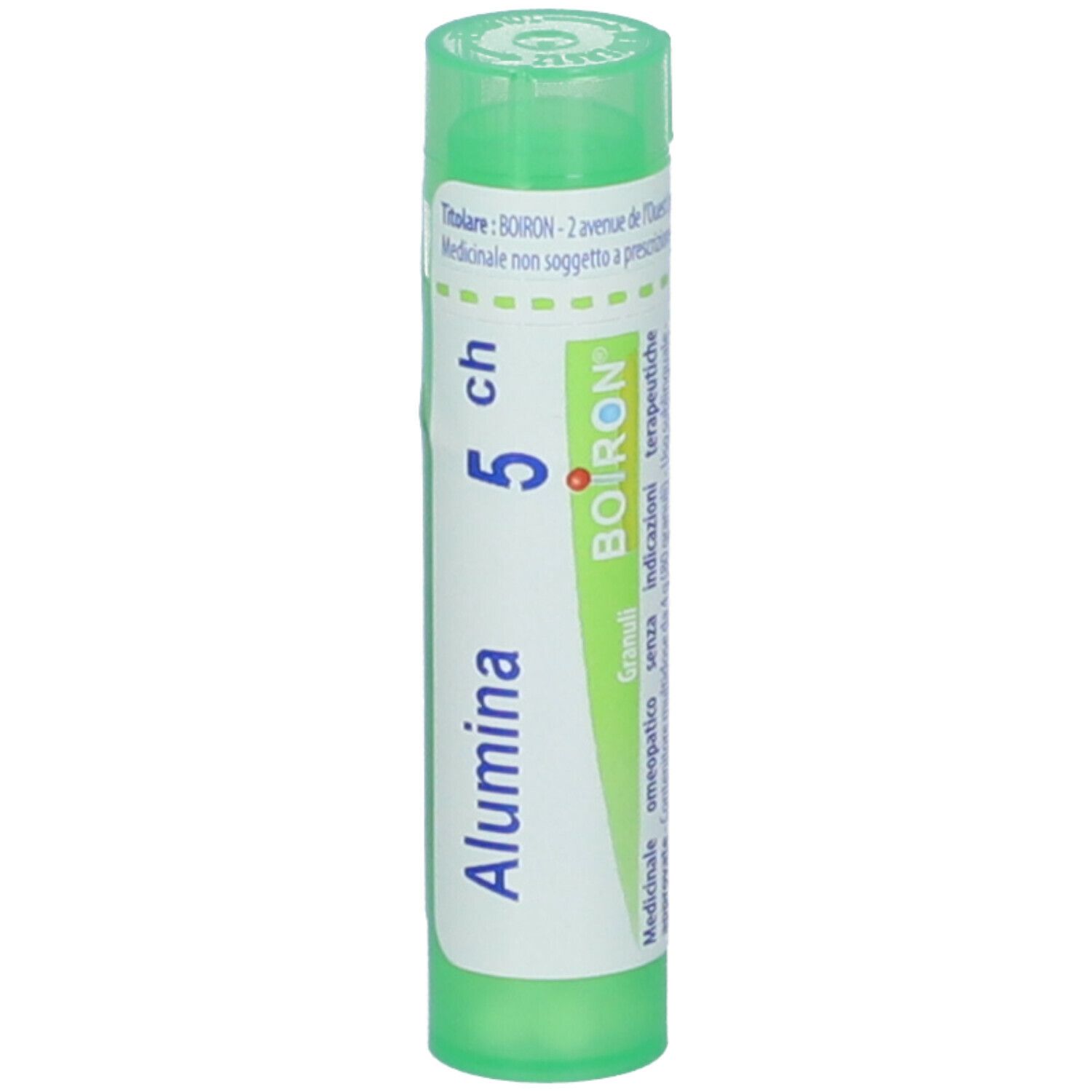 Flacone cilindrico verde. Scritta: Alumina, 5 ch, BOIRON. Granuli. Tappo verde.