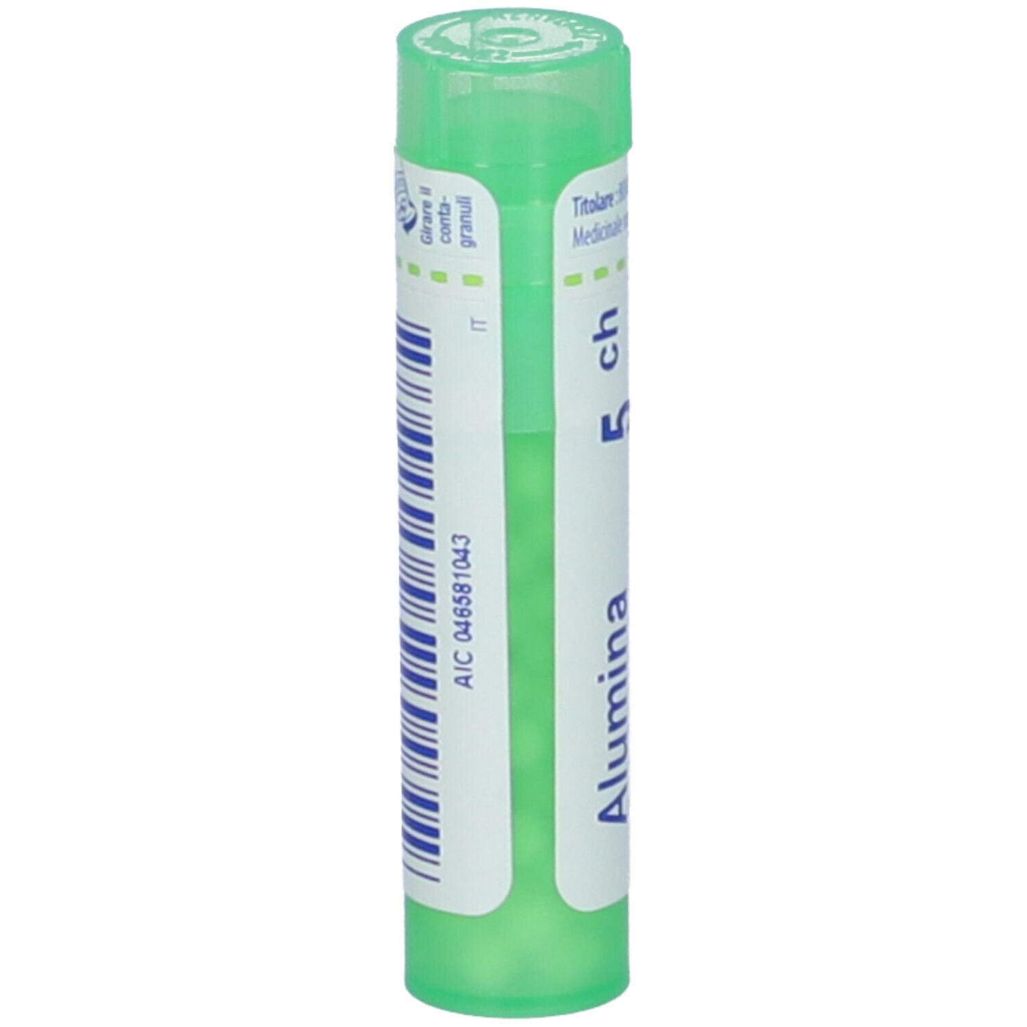 Flacone cilindrico verde. Scritta: Alumina, 5 ch. Codice a barre e informazioni.