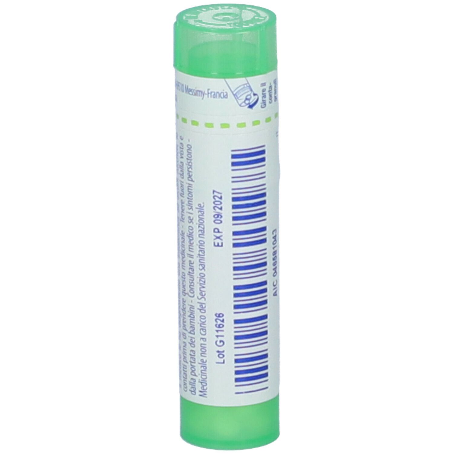 Flacone cilindrico verde. Scritta: Alumina, 5 ch. Informazioni e data di scadenza.