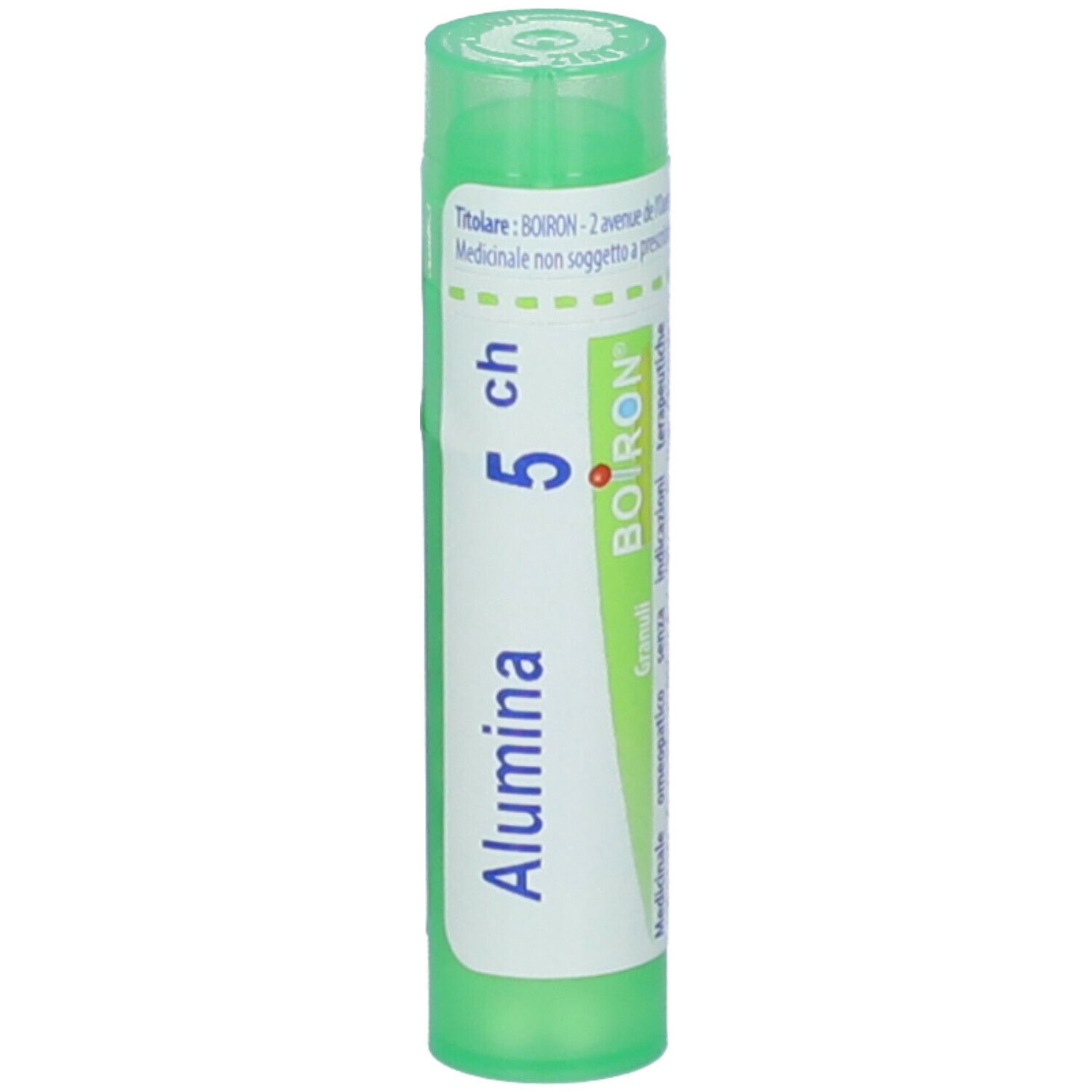 Flacone cilindrico verde. Scritta: Alumina, 5 ch, BOIRON. Granuli. Tappo verde.