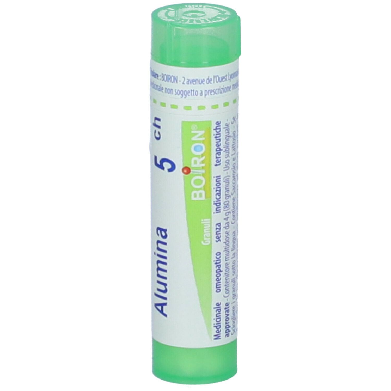 Flacone cilindrico verde. Scritta: Alumina, 5 ch, BOIRON. Granuli. Tappo verde.