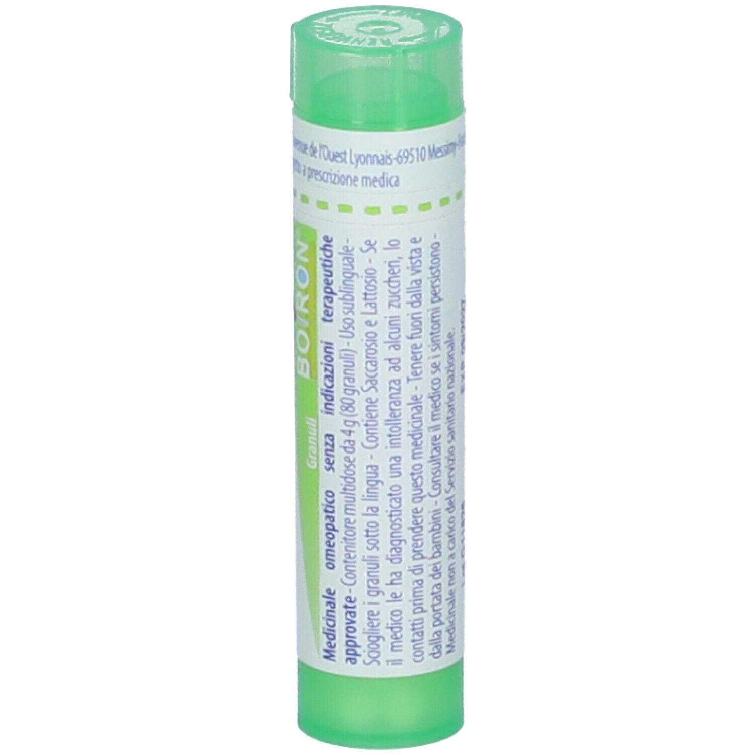 Flacone cilindrico verde. Scritta: Alumina, 5 ch, BOIRON. Granuli. Informazioni.