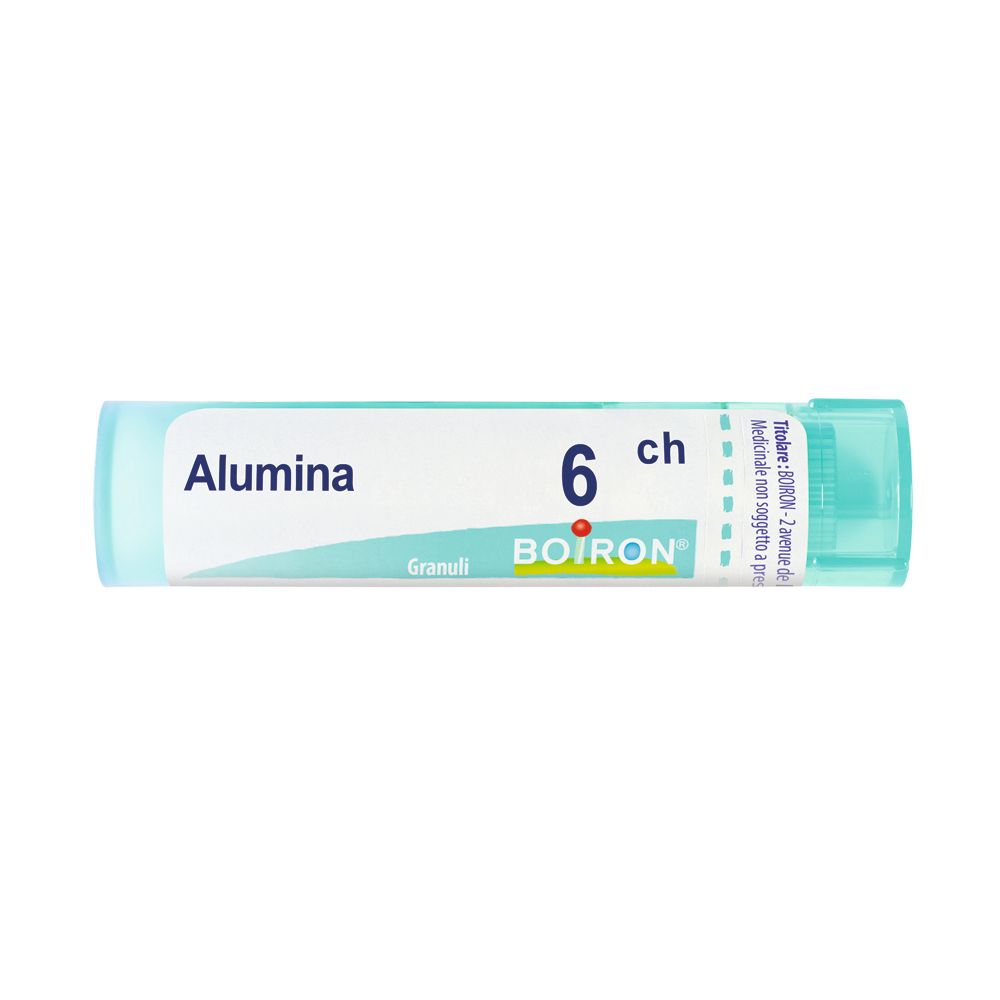 Confezione cilindrica azzurra. Scritta: Alumina, 6 ch, Granuli, BOIRON. Etichetta bianca con testo blu.