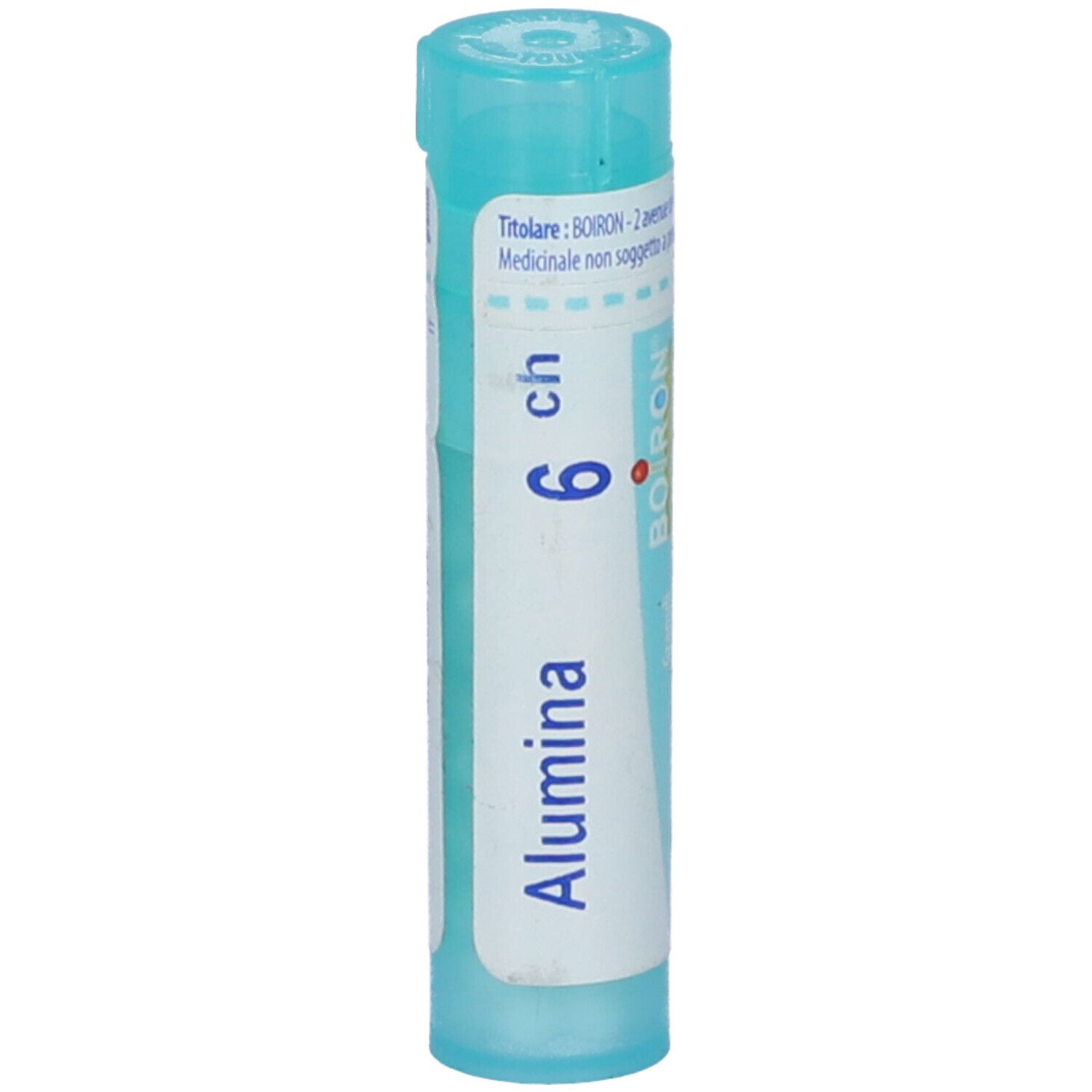 Confezione cilindrica azzurra. Scritta: Alumina, 6 ch. Etichetta bianca con testo blu. Tappo blu.
