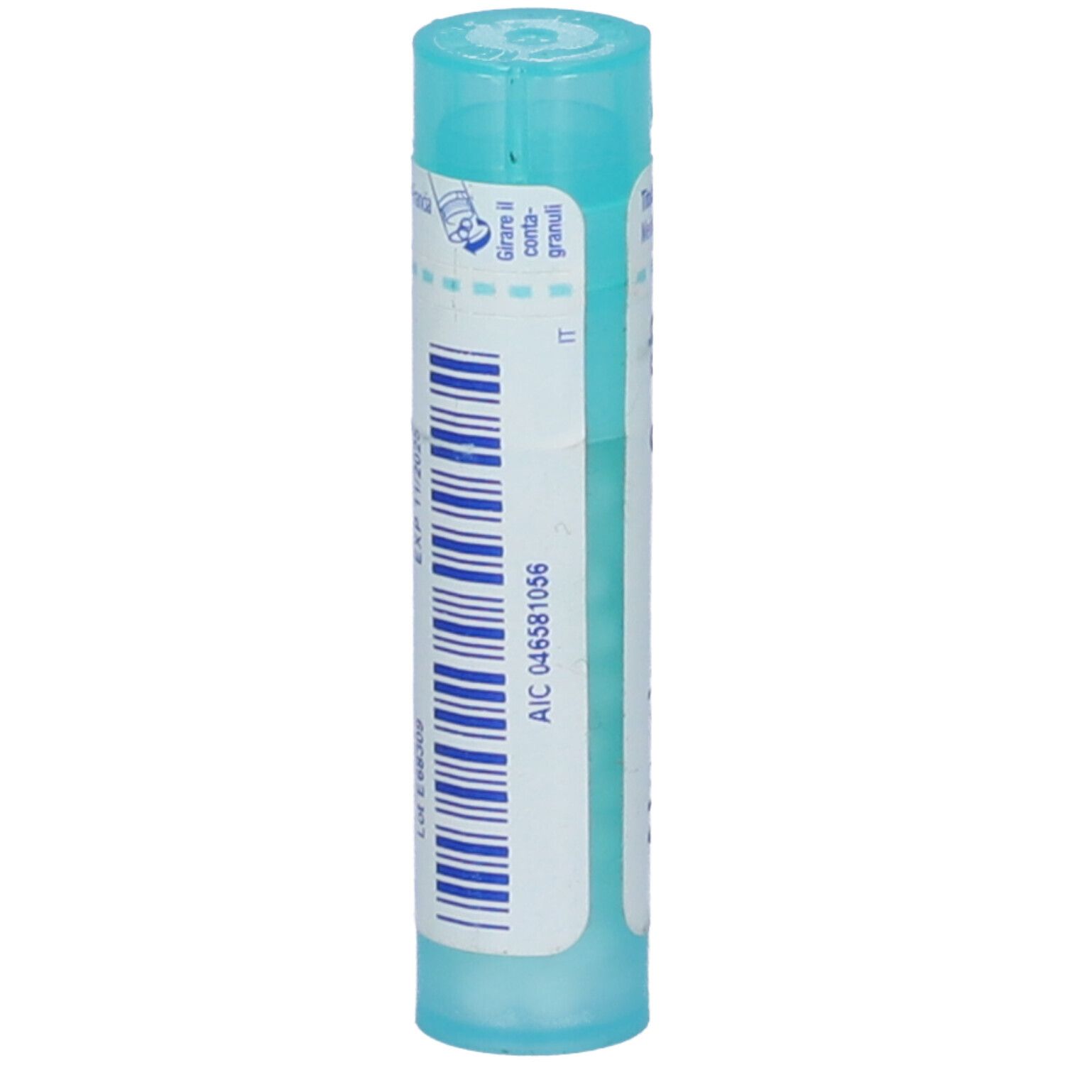 Confezione cilindrica azzurra. Scritta: AIC 046581056. Strisce blu verticali. Tappo blu.