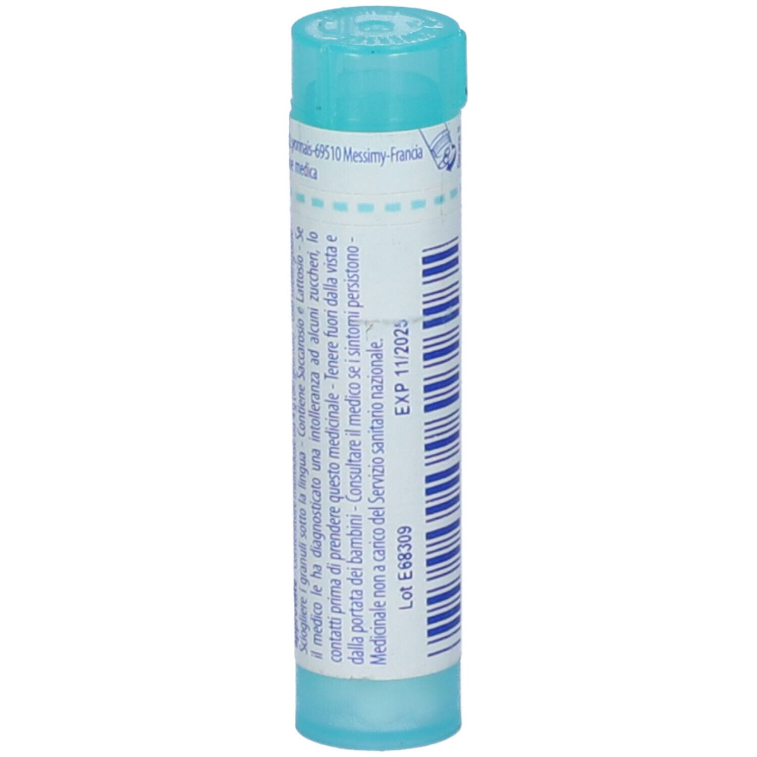 Confezione cilindrica azzurra. Scritta: EXP 11/2025, Lot E8309. Tappo blu. Testo su etichetta bianca.