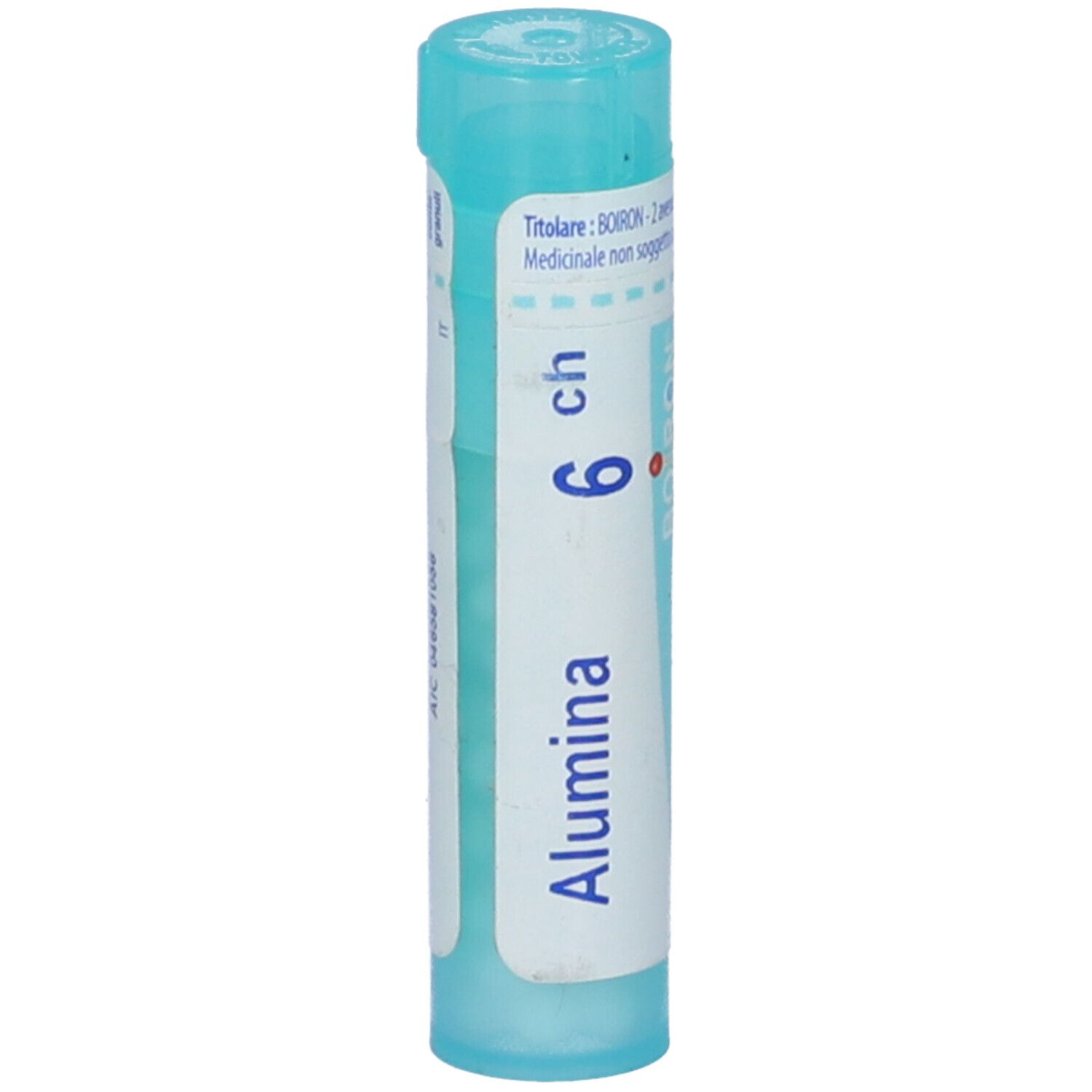 Confezione cilindrica azzurra. Scritta: Alumina, 6 ch. Etichetta bianca con testo blu. Tappo blu.