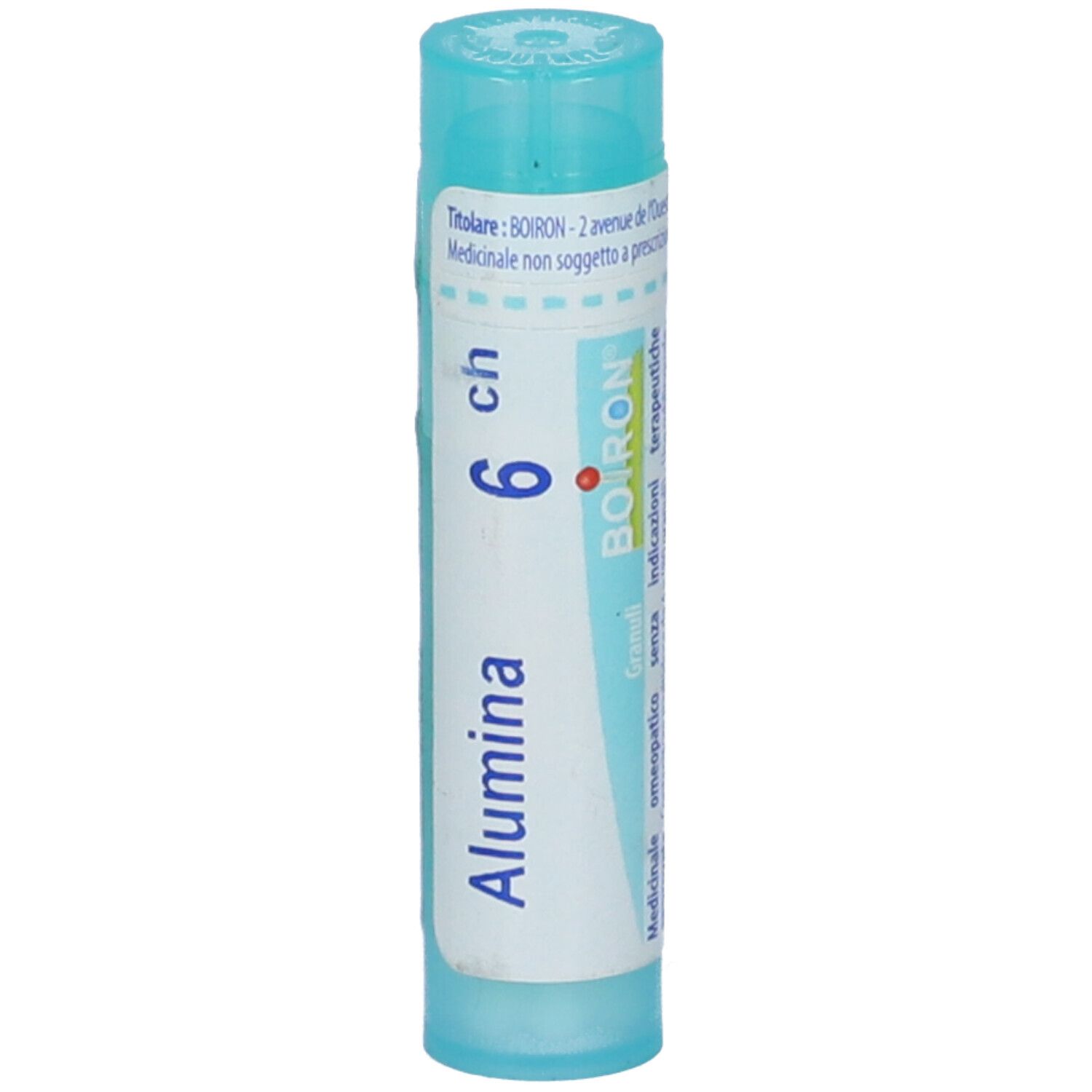 Confezione cilindrica azzurra. Scritta: Alumina, 6 ch, BOIRON. Etichetta bianca con testo blu. Tappo blu.